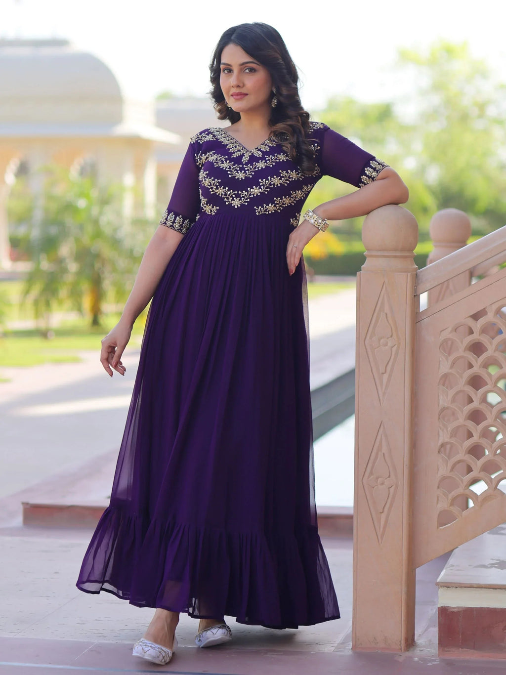 Purple Pretty Georgette Beads Work Festival Wear Gown
