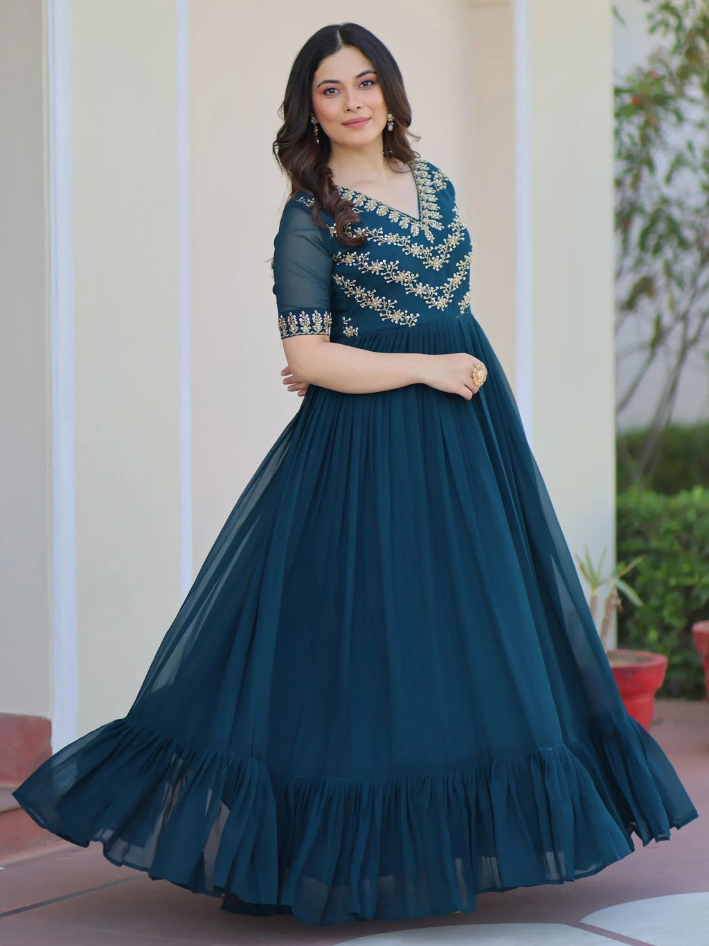 Blue Pretty Georgette Beads Work Festival Wear Gown