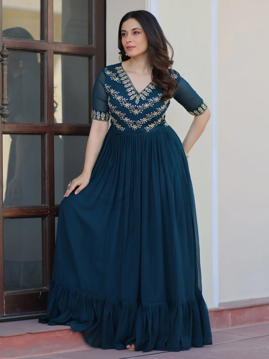 Blue Pretty Georgette Beads Work Festival Wear Gown