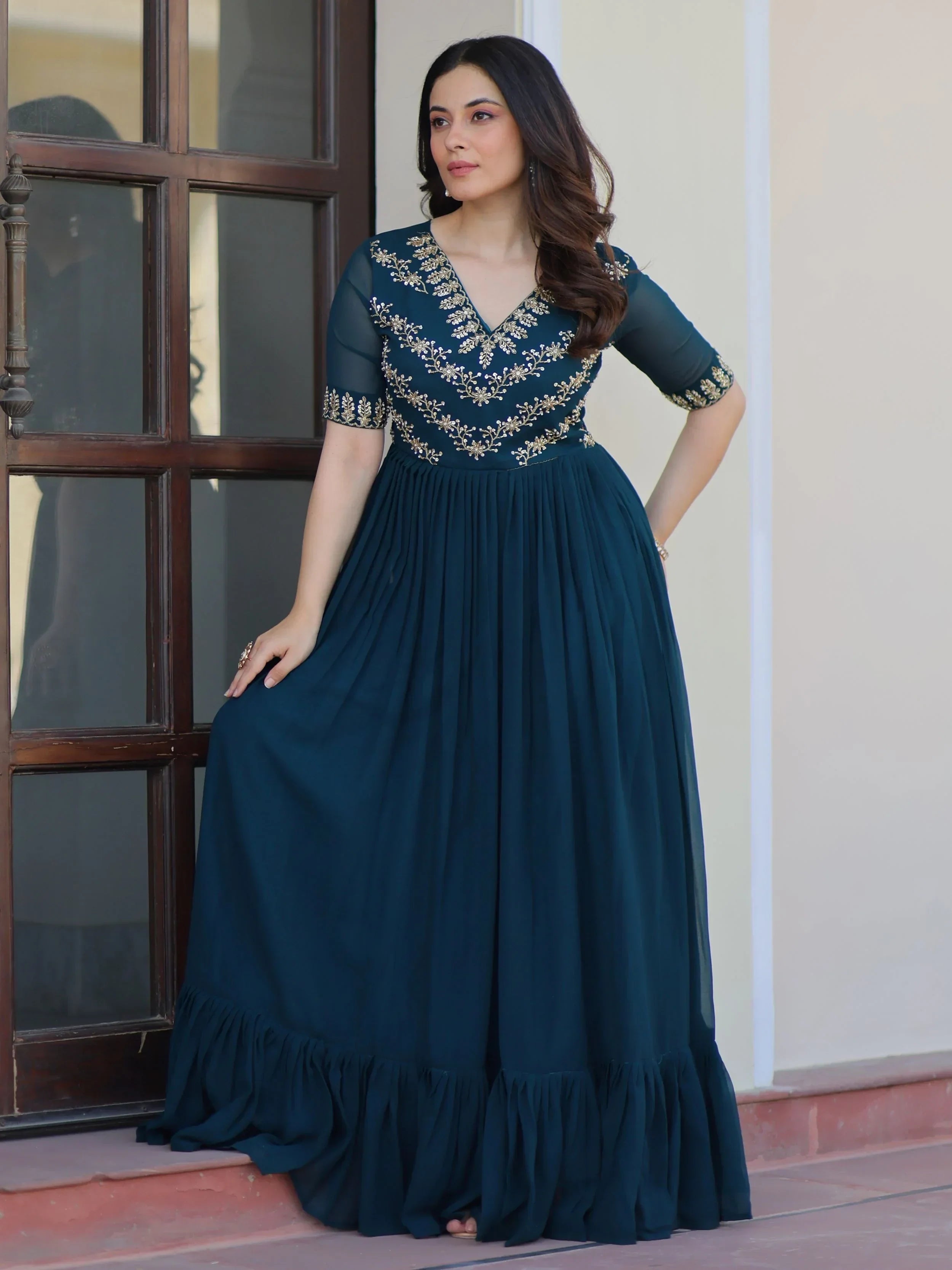 Blue Pretty Georgette Beads Work Festival Wear Gown