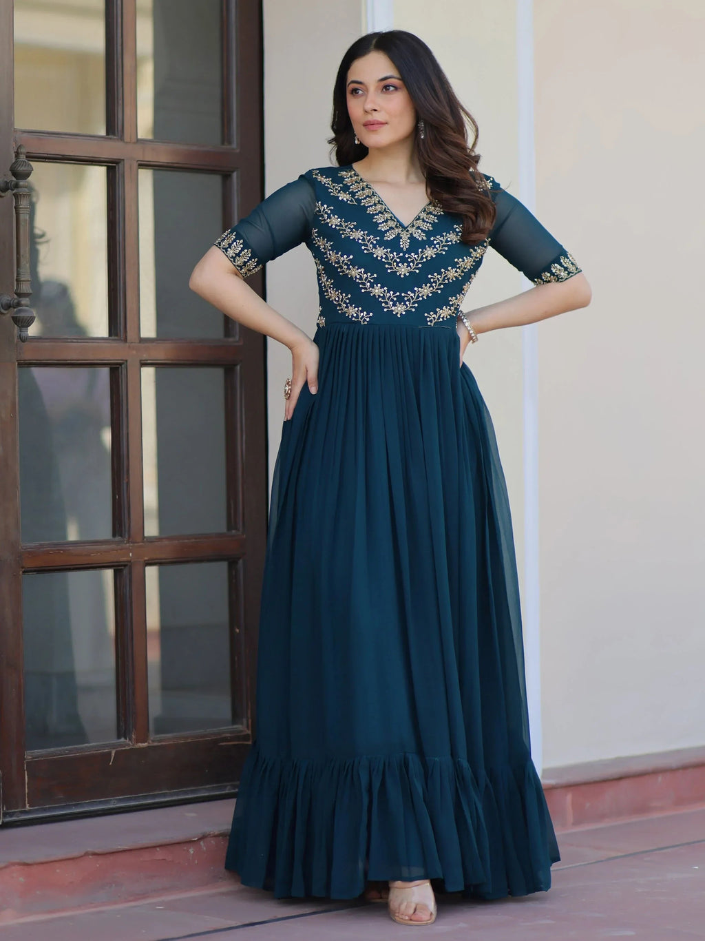 Blue Pretty Georgette Beads Work Festival Wear Gown