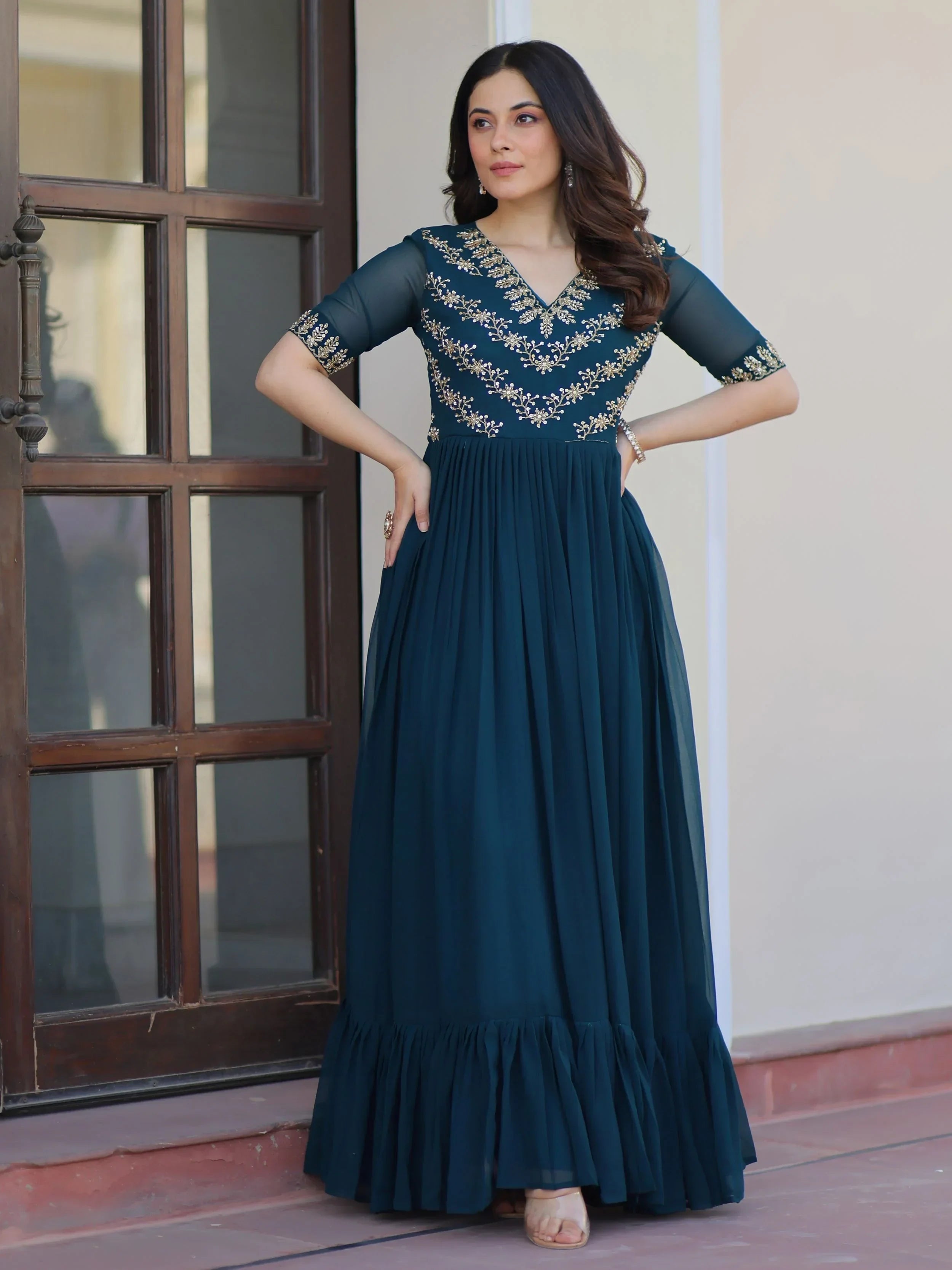 Blue Pretty Georgette Beads Work Festival Wear Gown