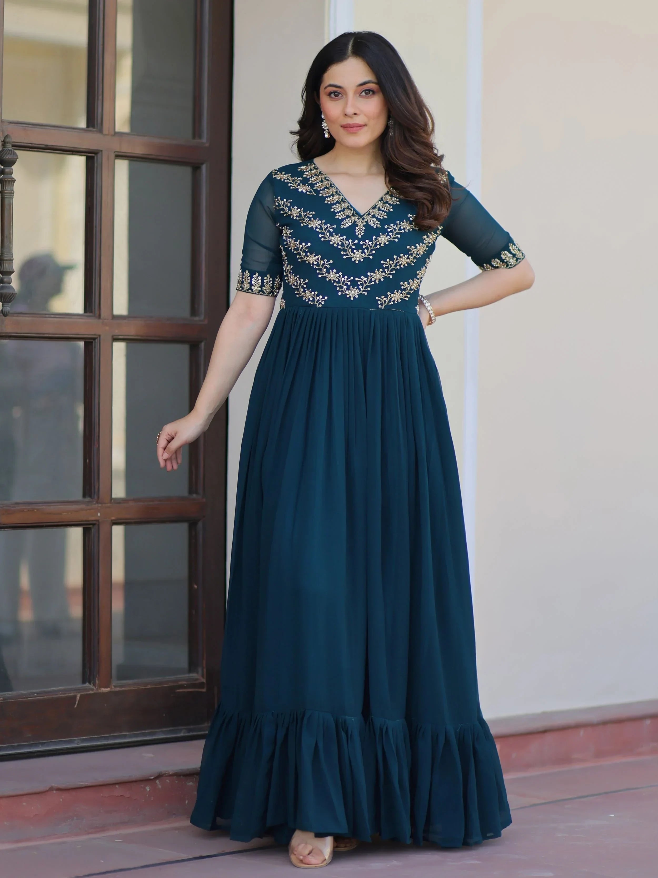 Blue Pretty Georgette Beads Work Festival Wear Gown