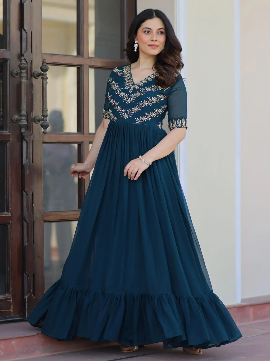 Blue Pretty Georgette Beads Work Festival Wear Gown