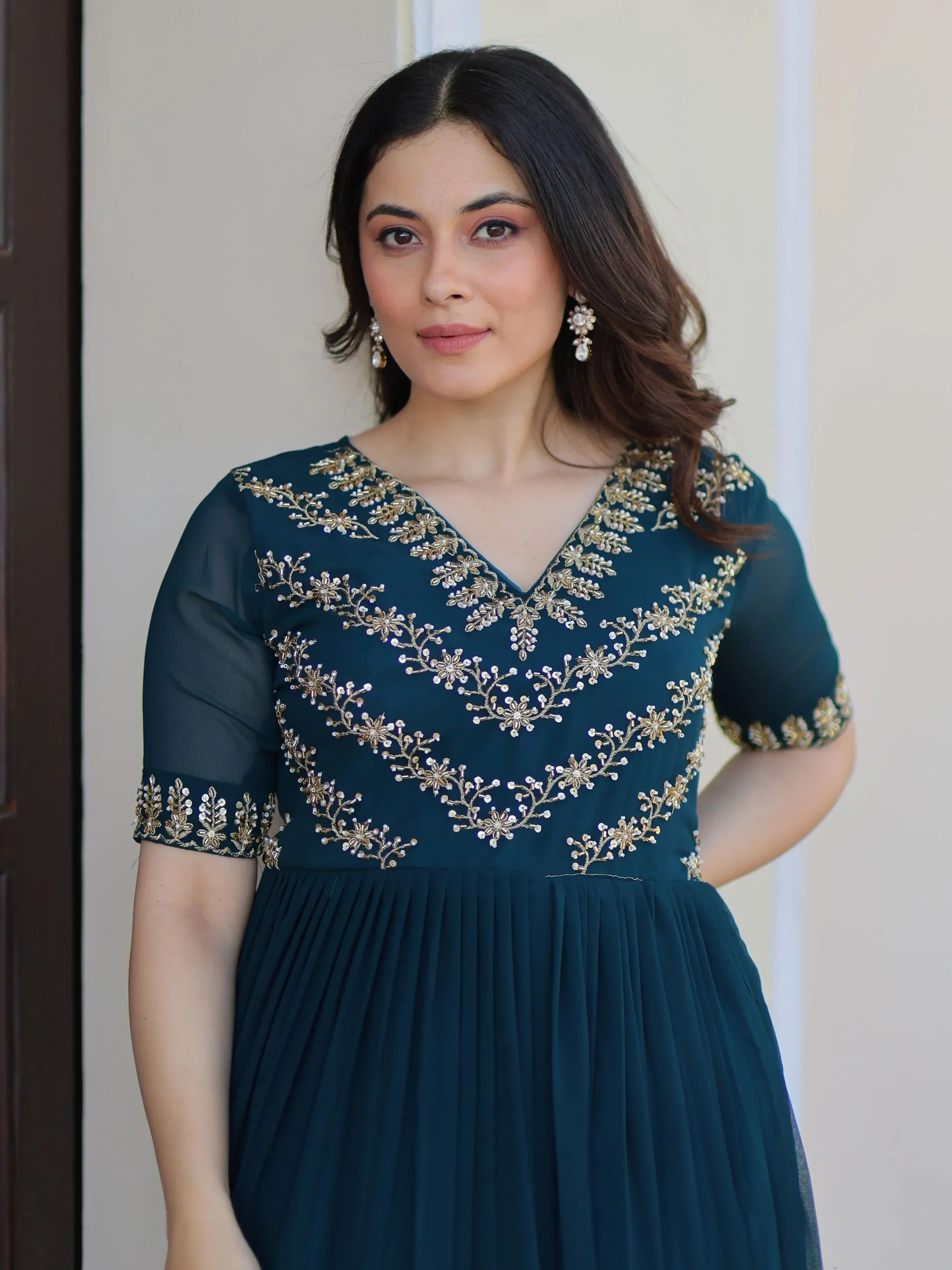 Blue Pretty Georgette Beads Work Festival Wear Gown