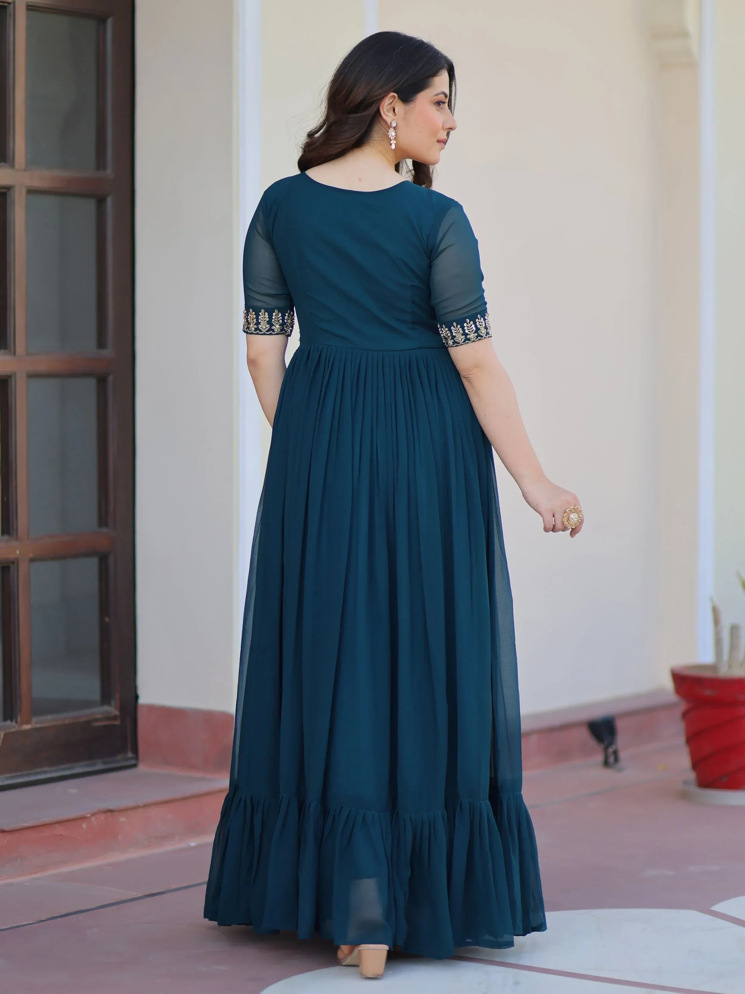 Blue Pretty Georgette Beads Work Festival Wear Gown