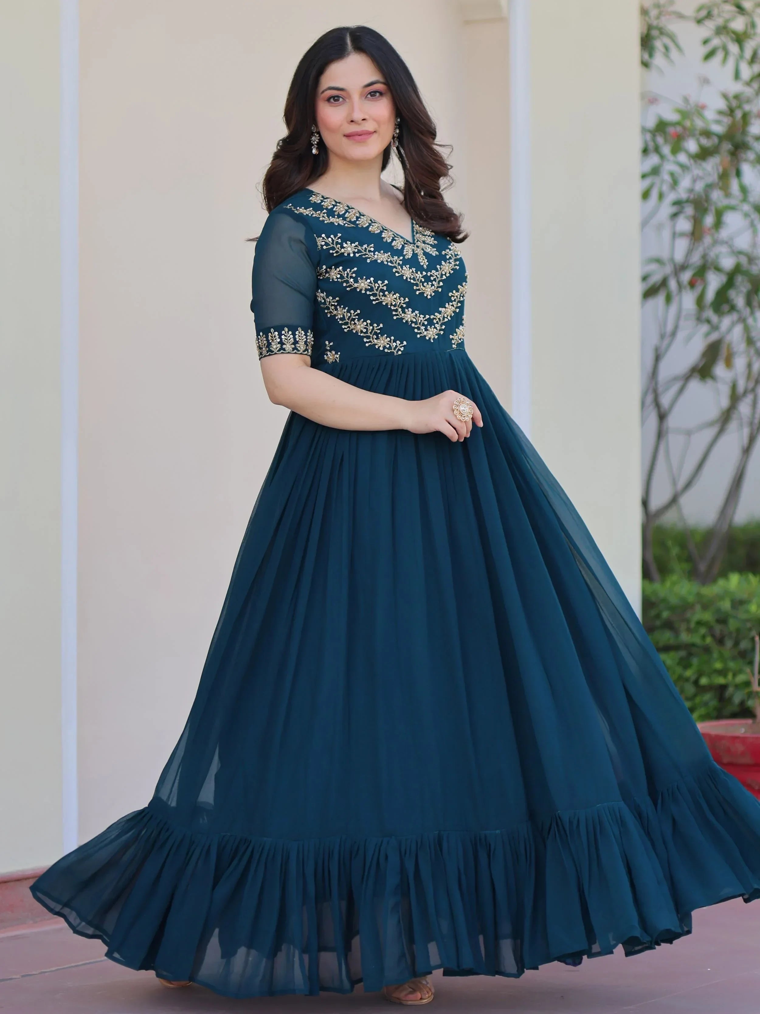 Blue Pretty Georgette Beads Work Festival Wear Gown