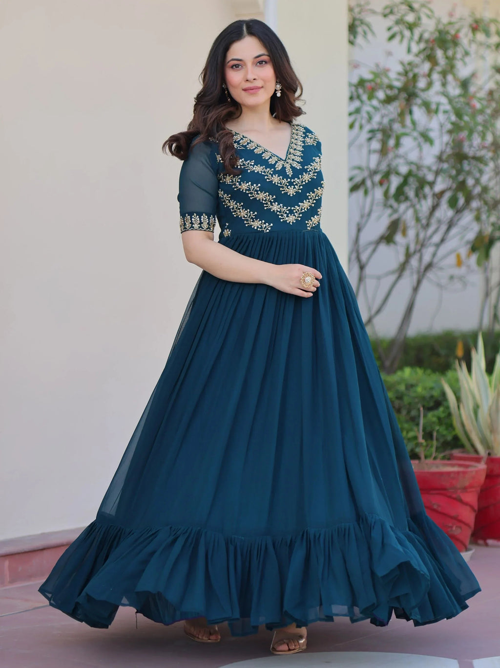 Blue Pretty Georgette Beads Work Festival Wear Gown