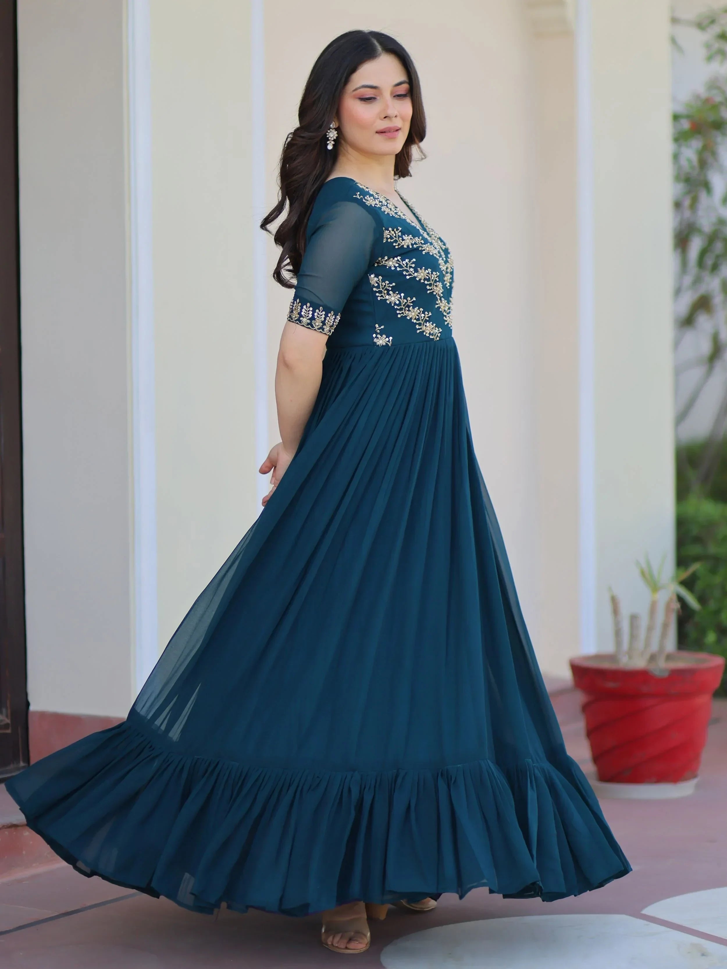 Blue Pretty Georgette Beads Work Festival Wear Gown