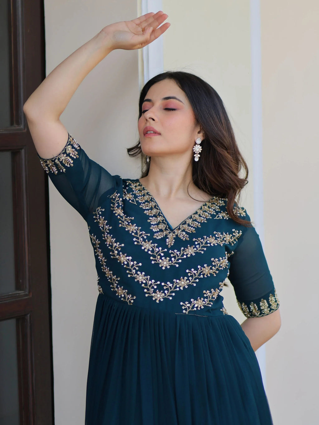 Blue Pretty Georgette Beads Work Festival Wear Gown