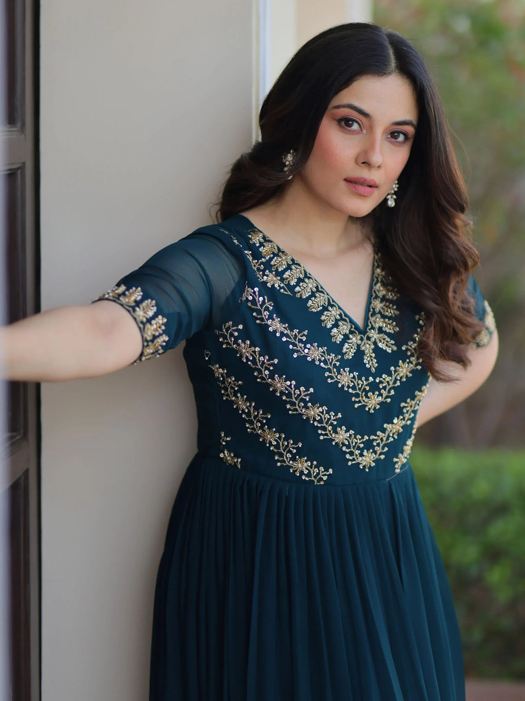 Blue Pretty Georgette Beads Work Festival Wear Gown