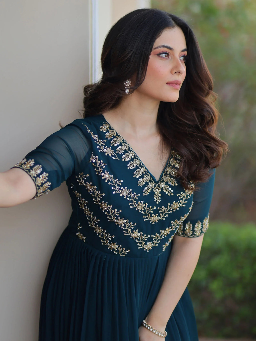 Blue Pretty Georgette Beads Work Festival Wear Gown