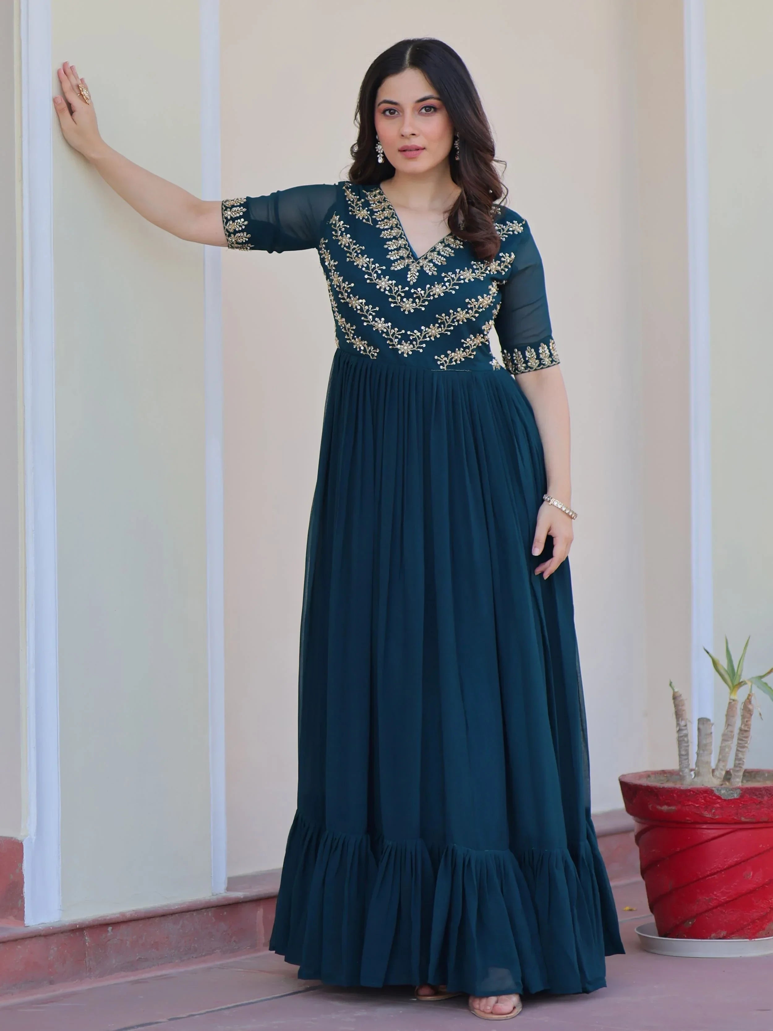 Blue Pretty Georgette Beads Work Festival Wear Gown