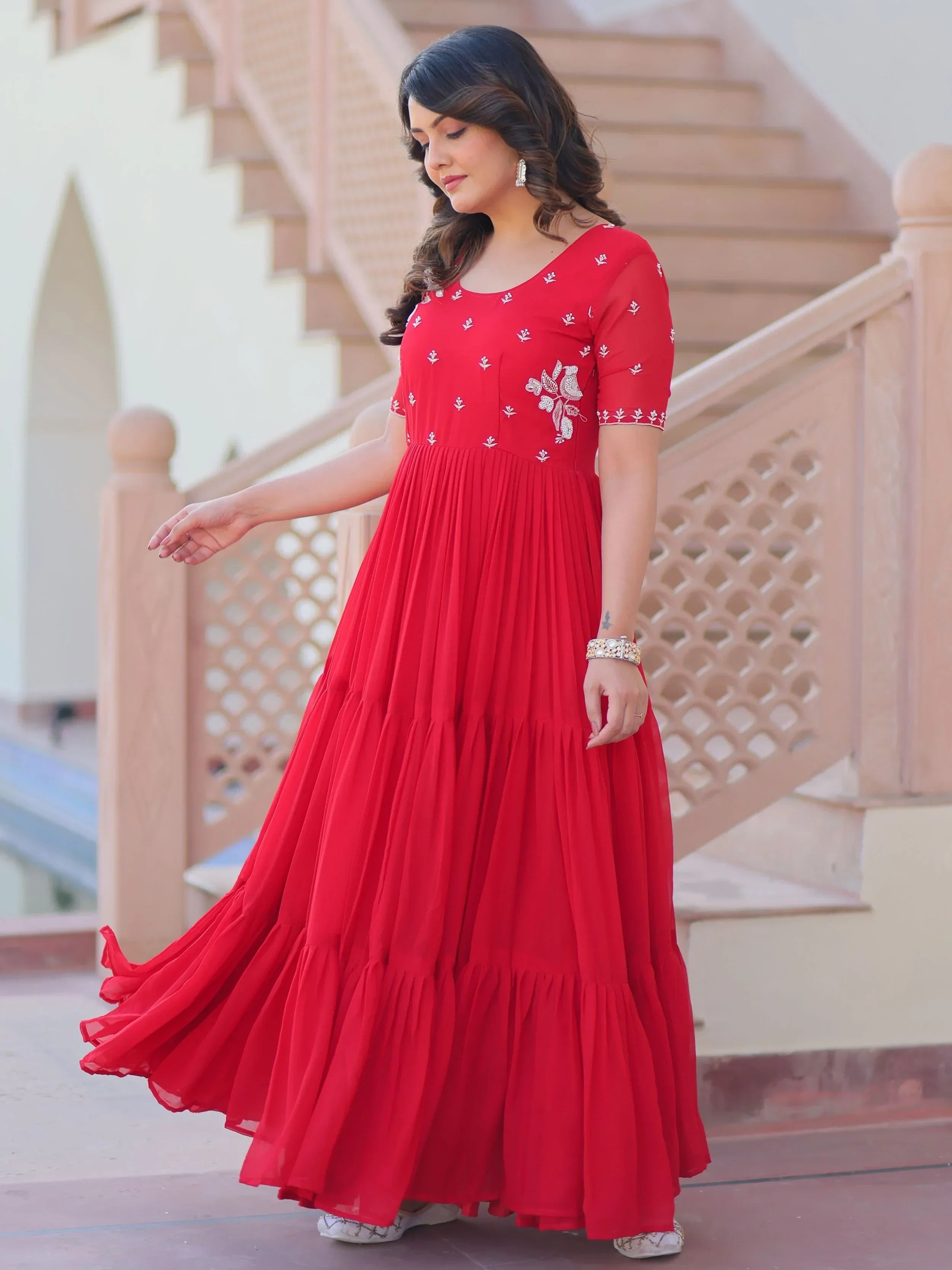 Red Sweet Embroidered Georgette Traditional Gown