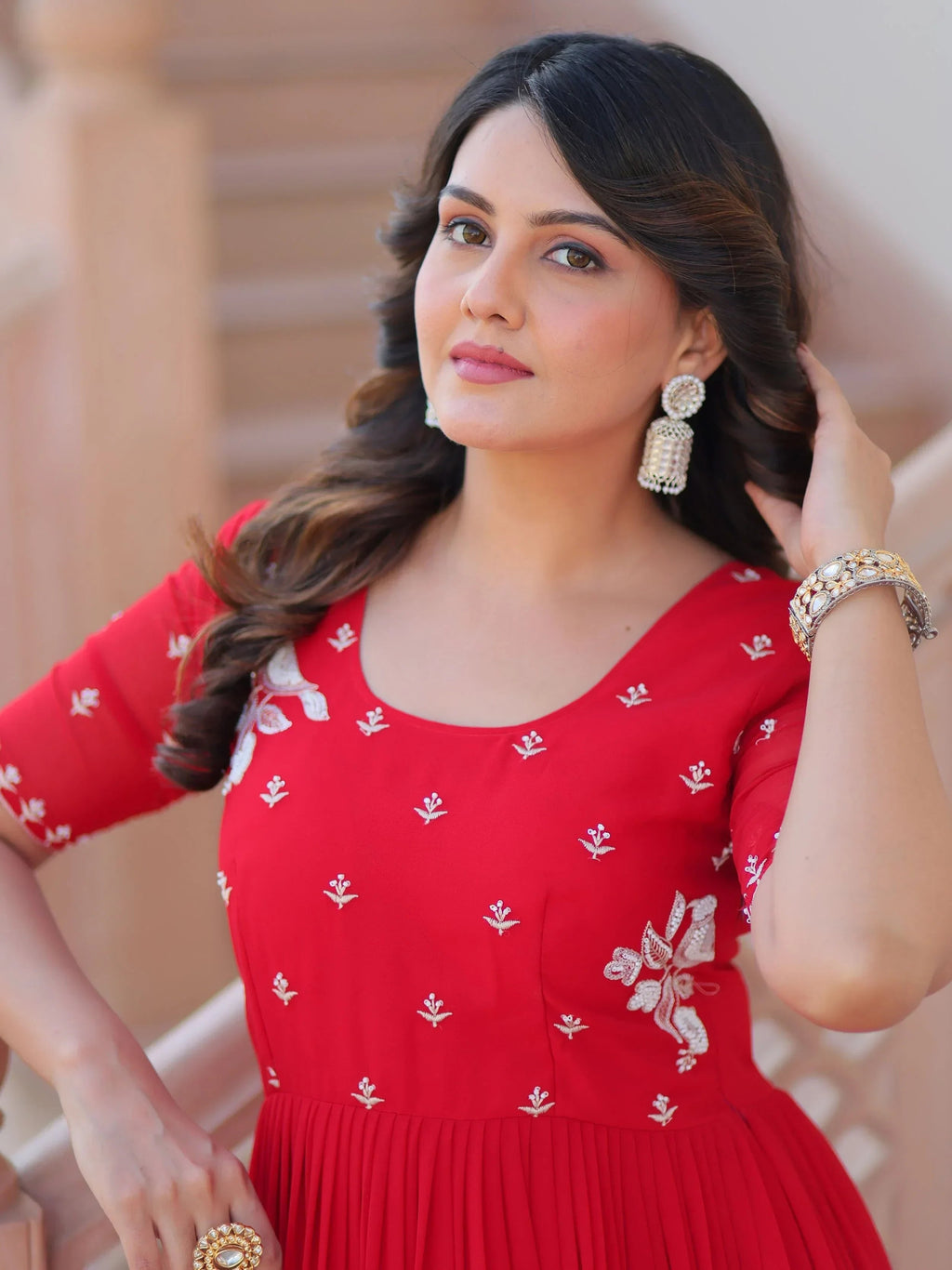 Red Sweet Embroidered Georgette Traditional Gown