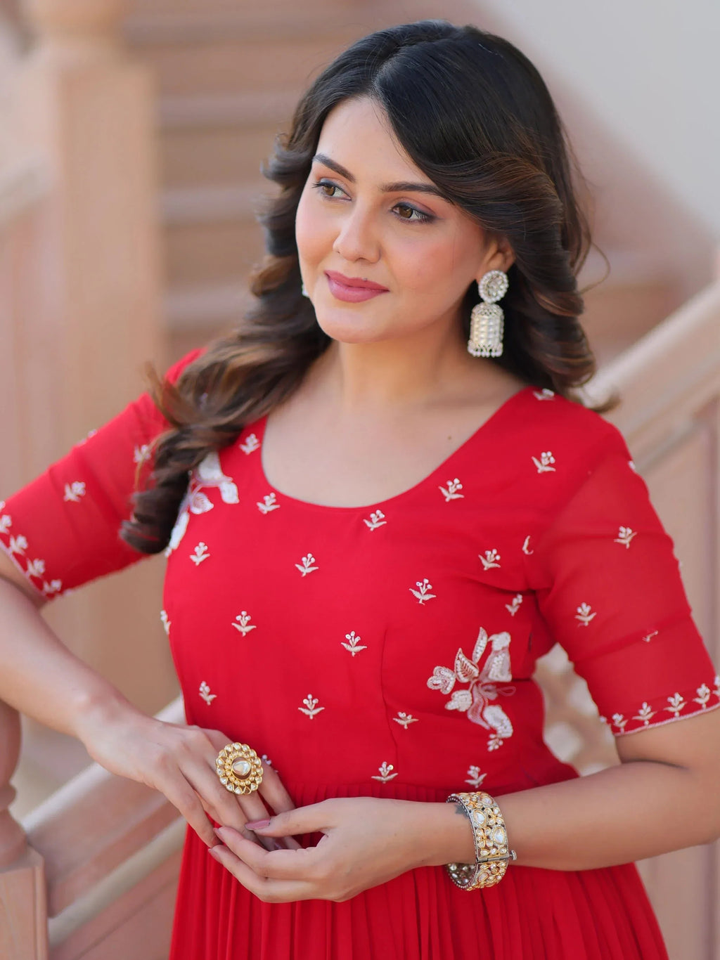 Red Sweet Embroidered Georgette Traditional Gown