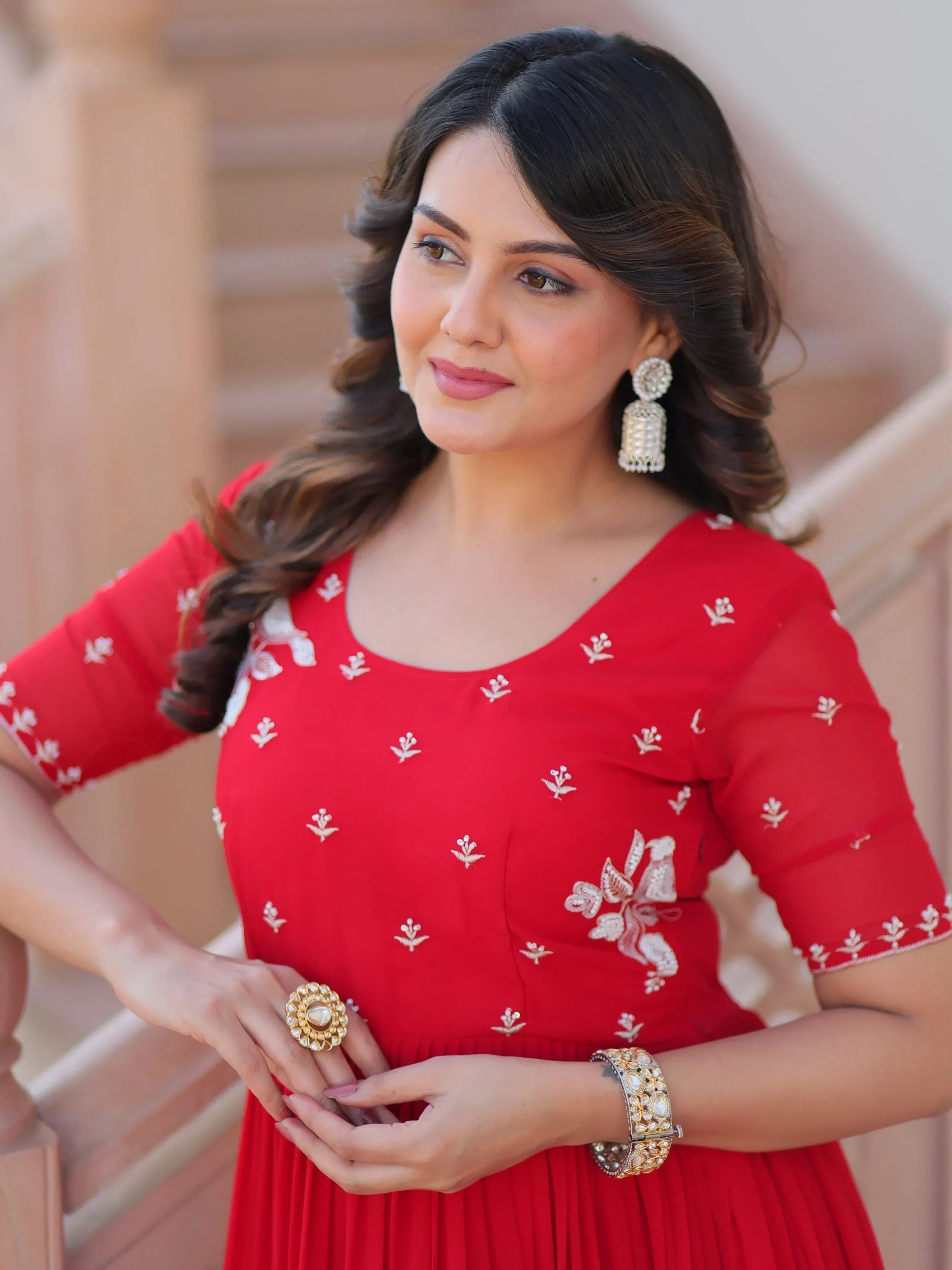 Red Sweet Embroidered Georgette Traditional Gown