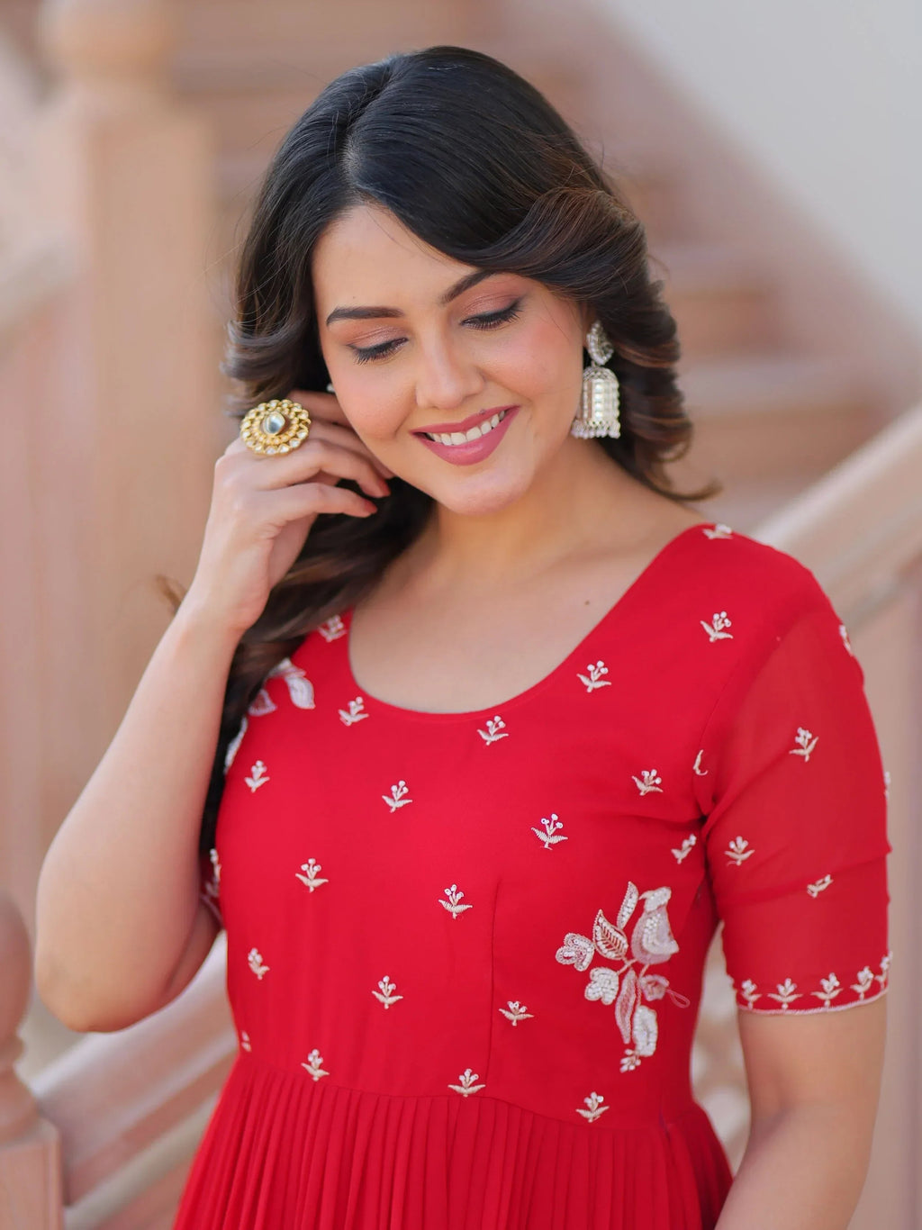 Red Sweet Embroidered Georgette Traditional Gown
