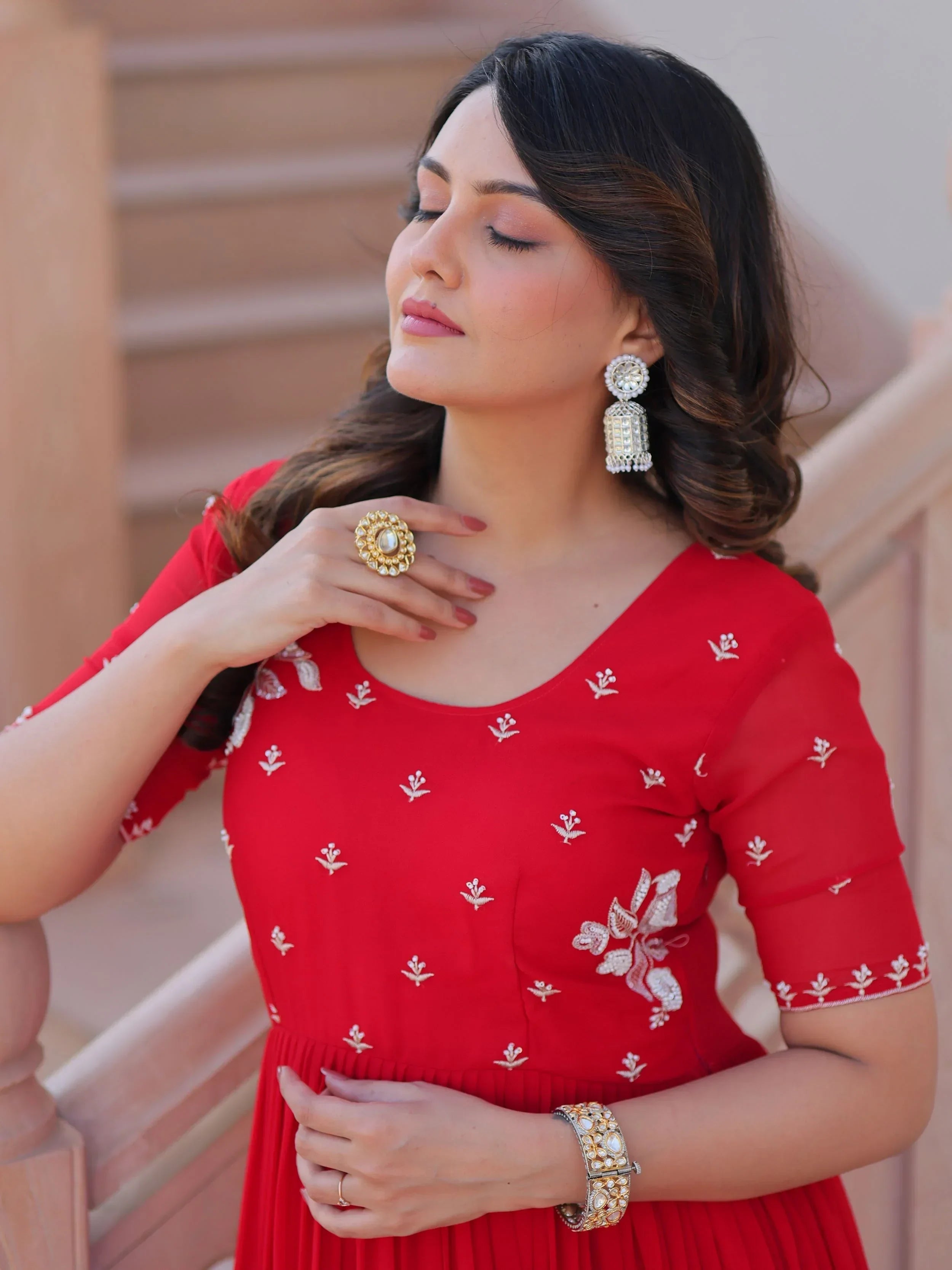 Red Sweet Embroidered Georgette Traditional Gown