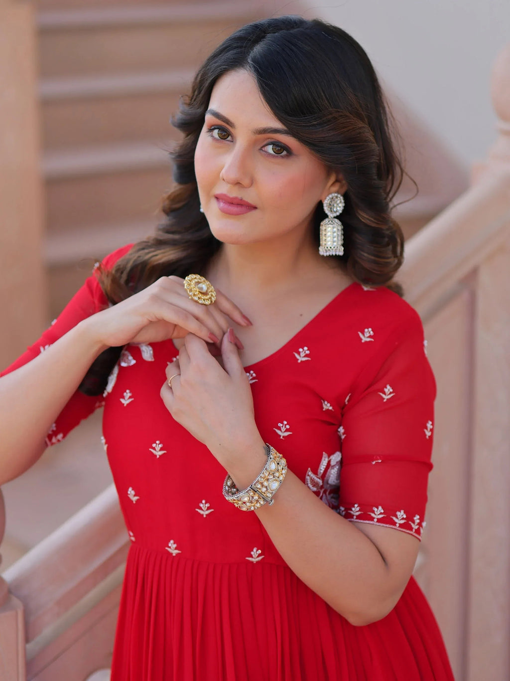 Red Sweet Embroidered Georgette Traditional Gown