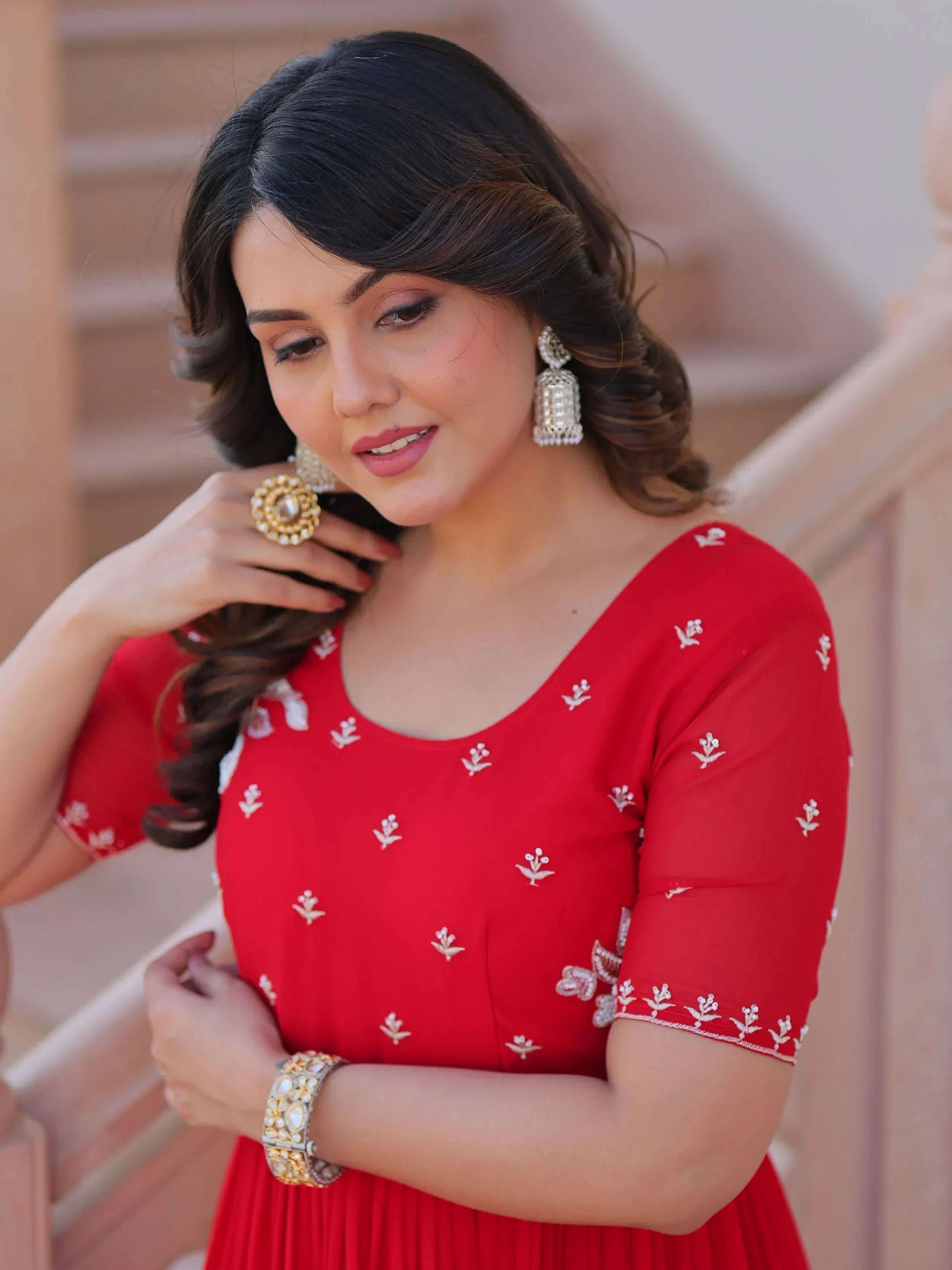 Red Sweet Embroidered Georgette Traditional Gown
