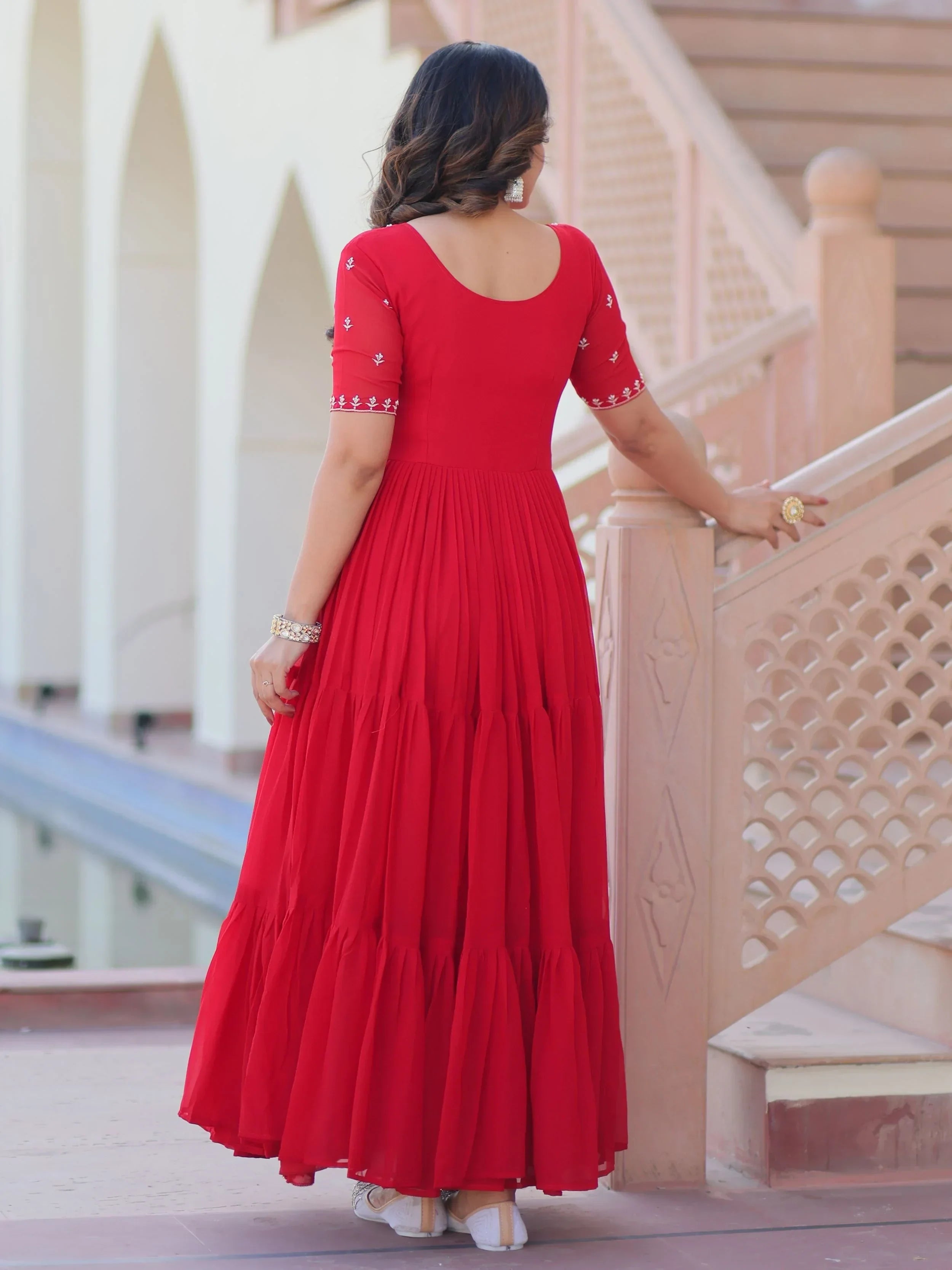 Red Sweet Embroidered Georgette Traditional Gown