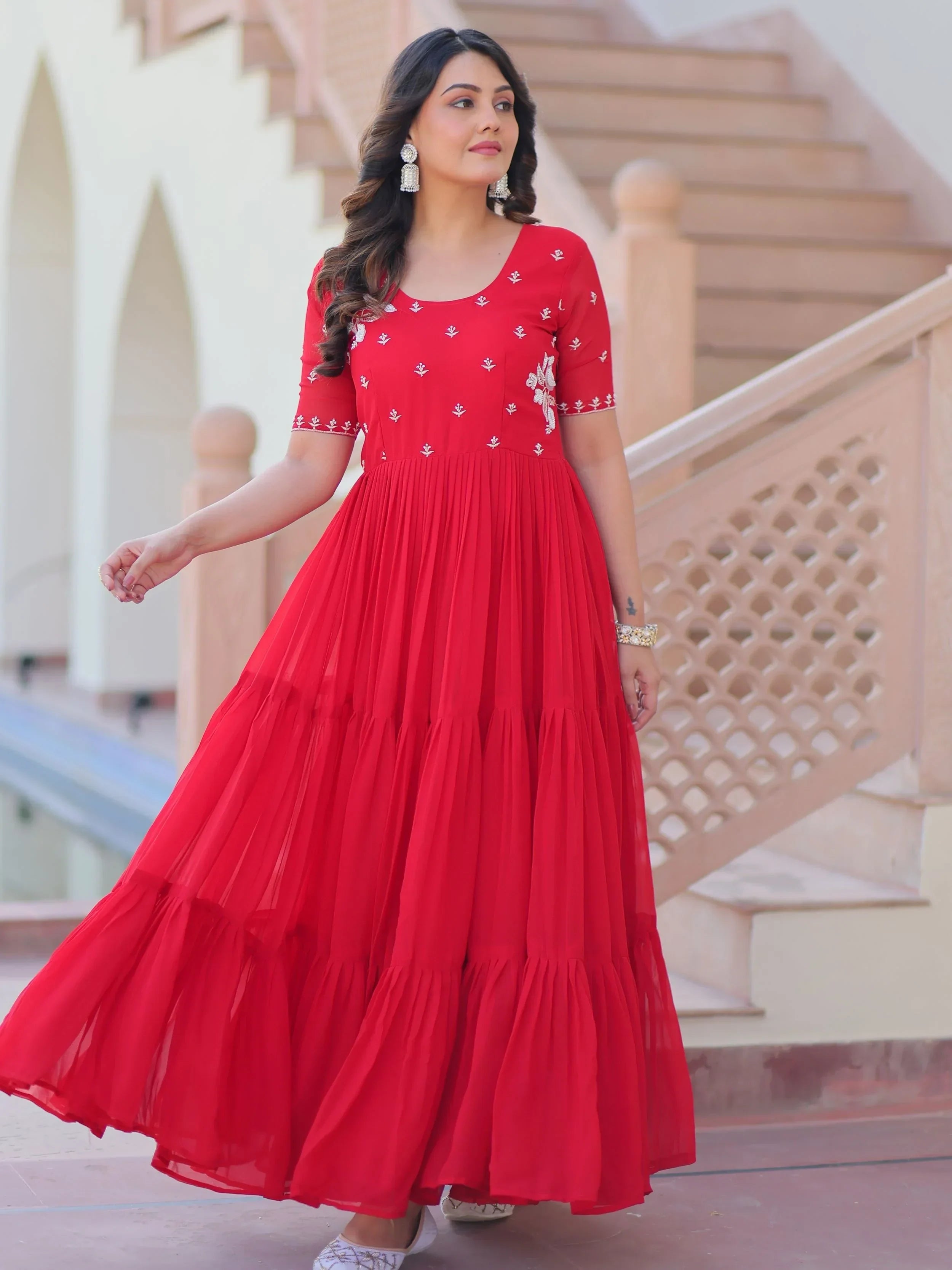 Red Sweet Embroidered Georgette Traditional Gown
