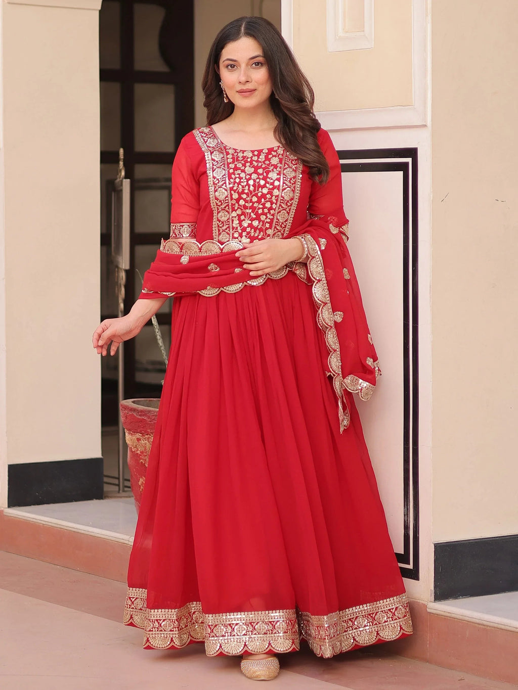 Artistic Red Georgette Zari Embroidered Reception Wear Gown