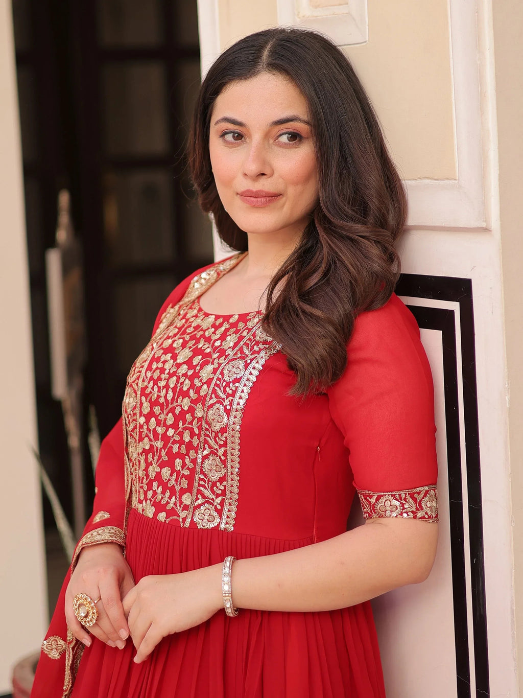 Artistic Red Georgette Zari Embroidered Reception Wear Gown