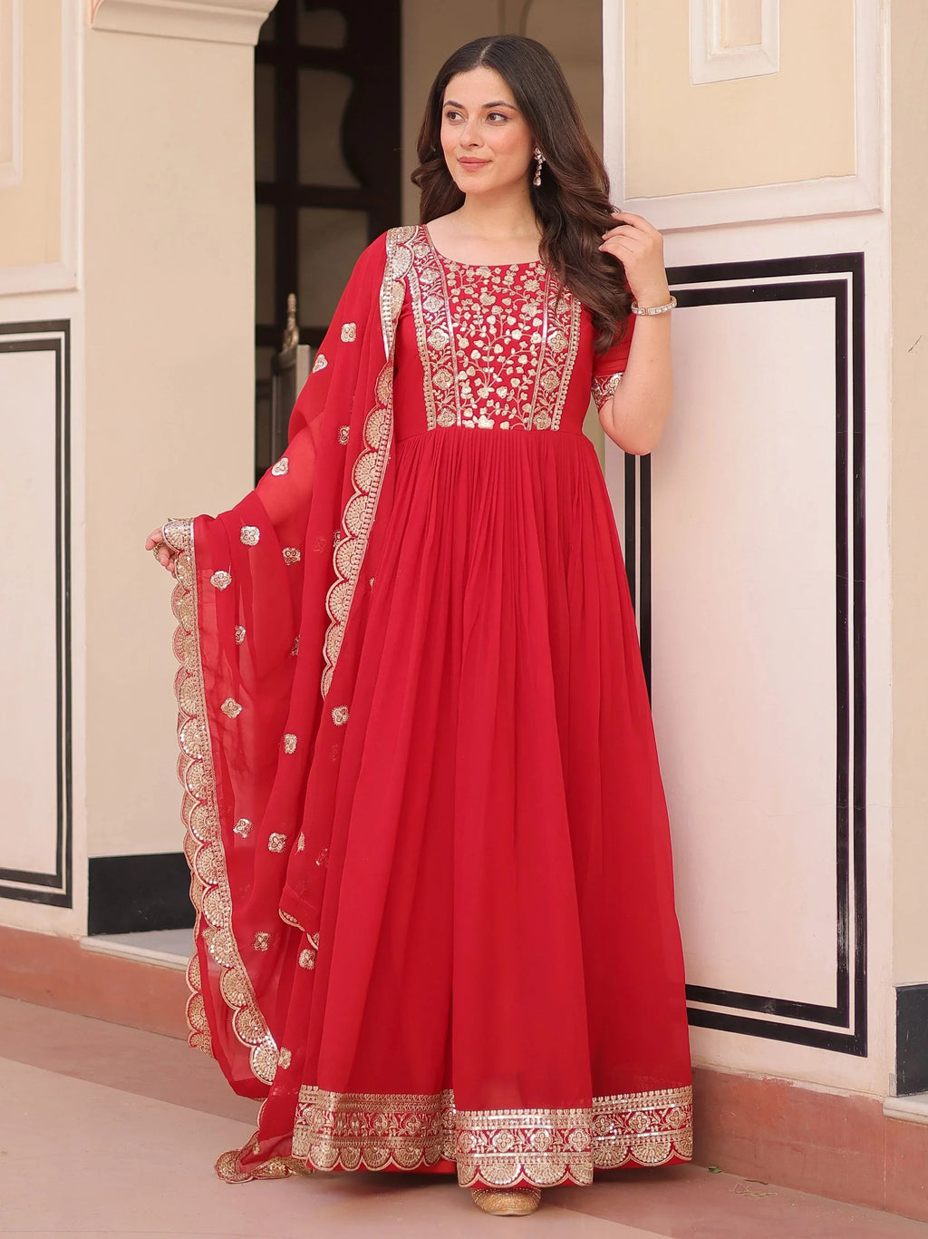 Artistic Red Georgette Zari Embroidered Reception Wear Gown