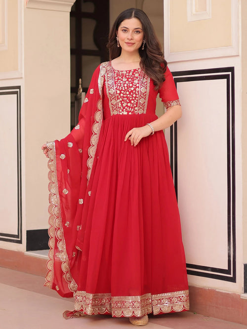 Artistic Red Georgette Zari Embroidered Reception Wear Gown