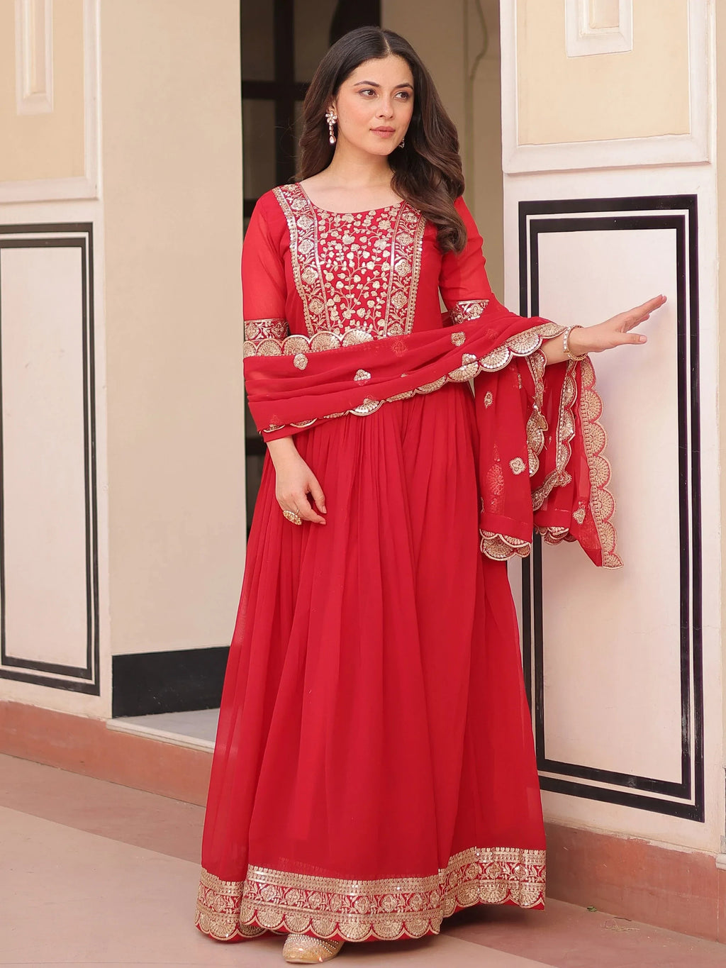 Artistic Red Georgette Zari Embroidered Reception Wear Gown