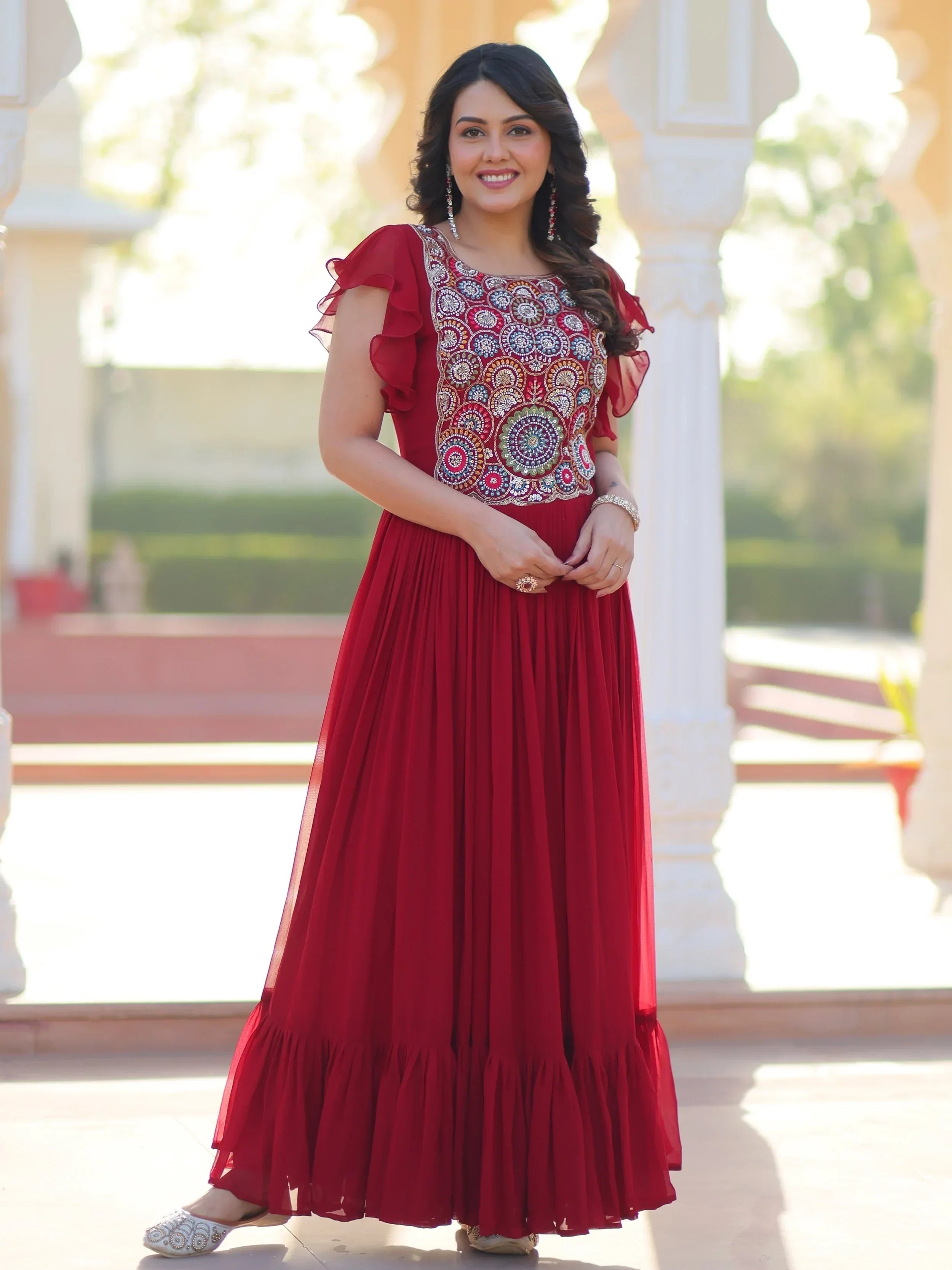 Red Dazzling Georgette Sequins Embroidered Festival Wear Gown