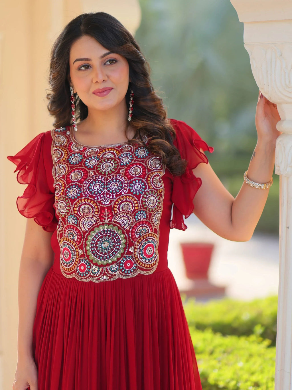 Red Dazzling Georgette Sequins Embroidered Festival Wear Gown