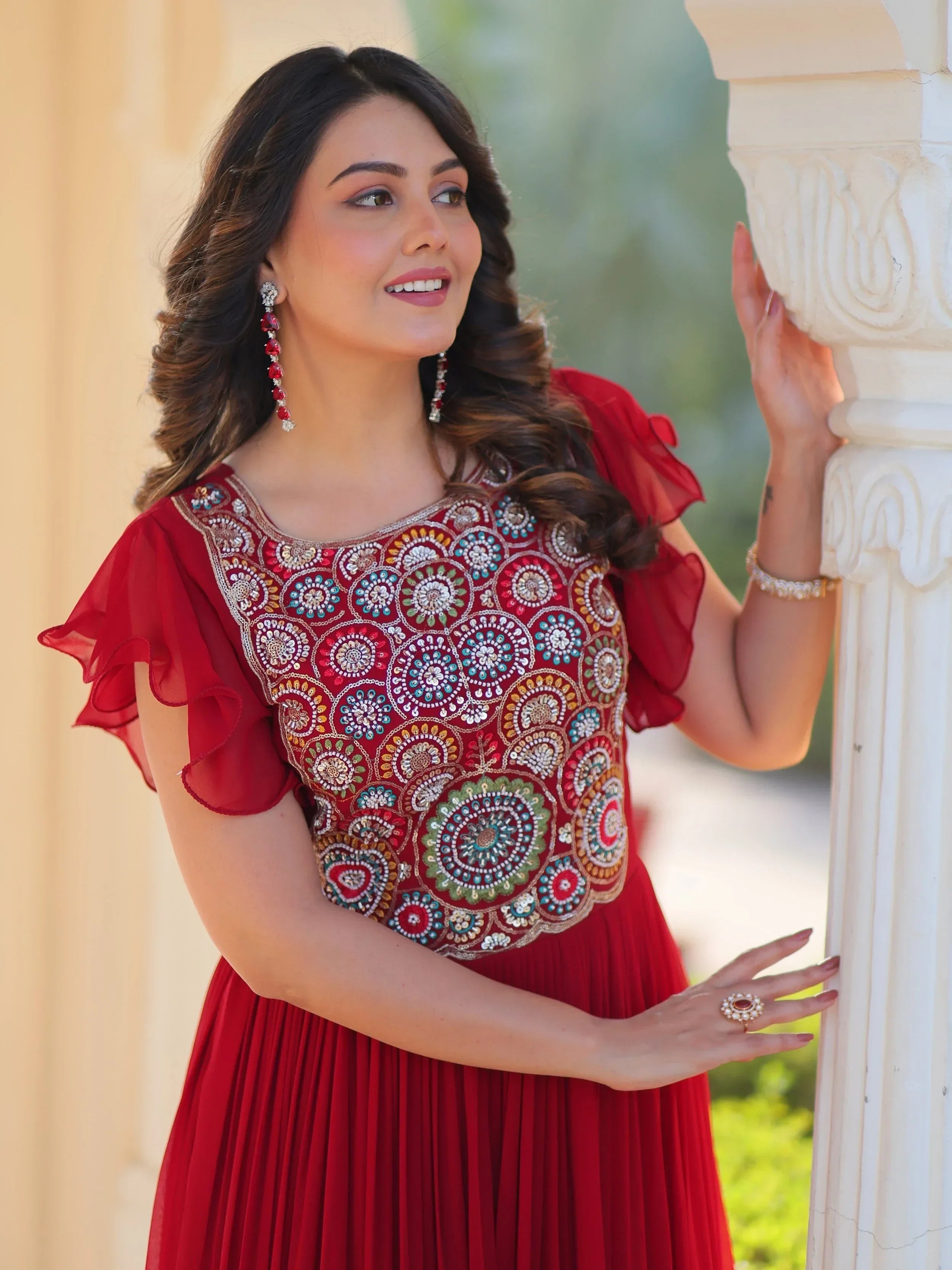 Red Dazzling Georgette Sequins Embroidered Festival Wear Gown