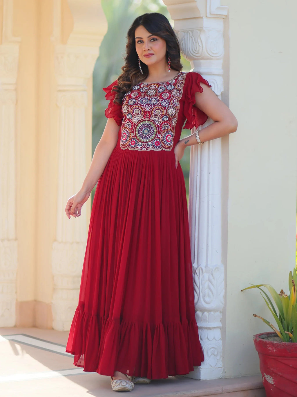 Red Dazzling Georgette Sequins Embroidered Festival Wear Gown