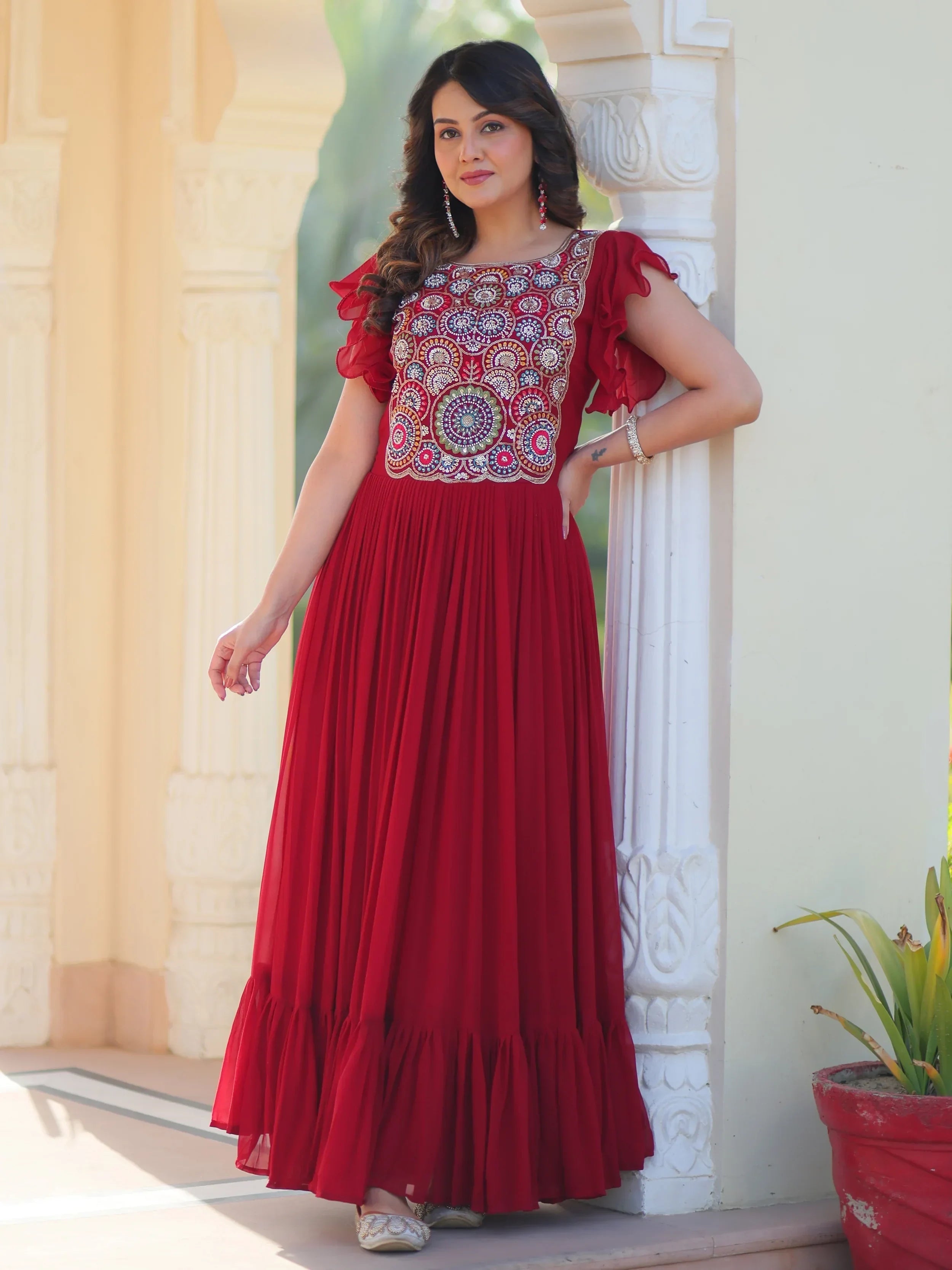 Red Dazzling Georgette Sequins Embroidered Festival Wear Gown