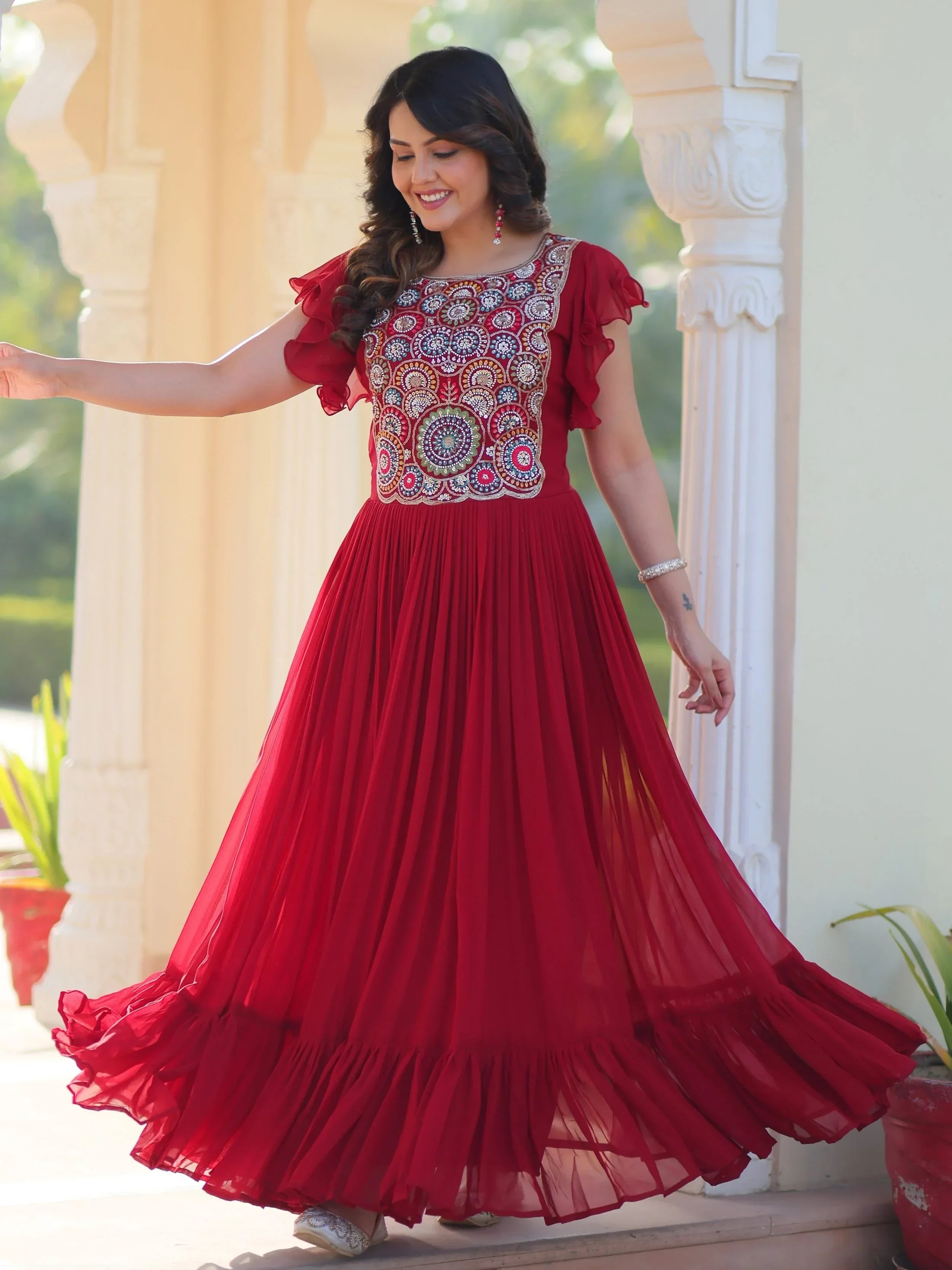 Red Dazzling Georgette Sequins Embroidered Festival Wear Gown