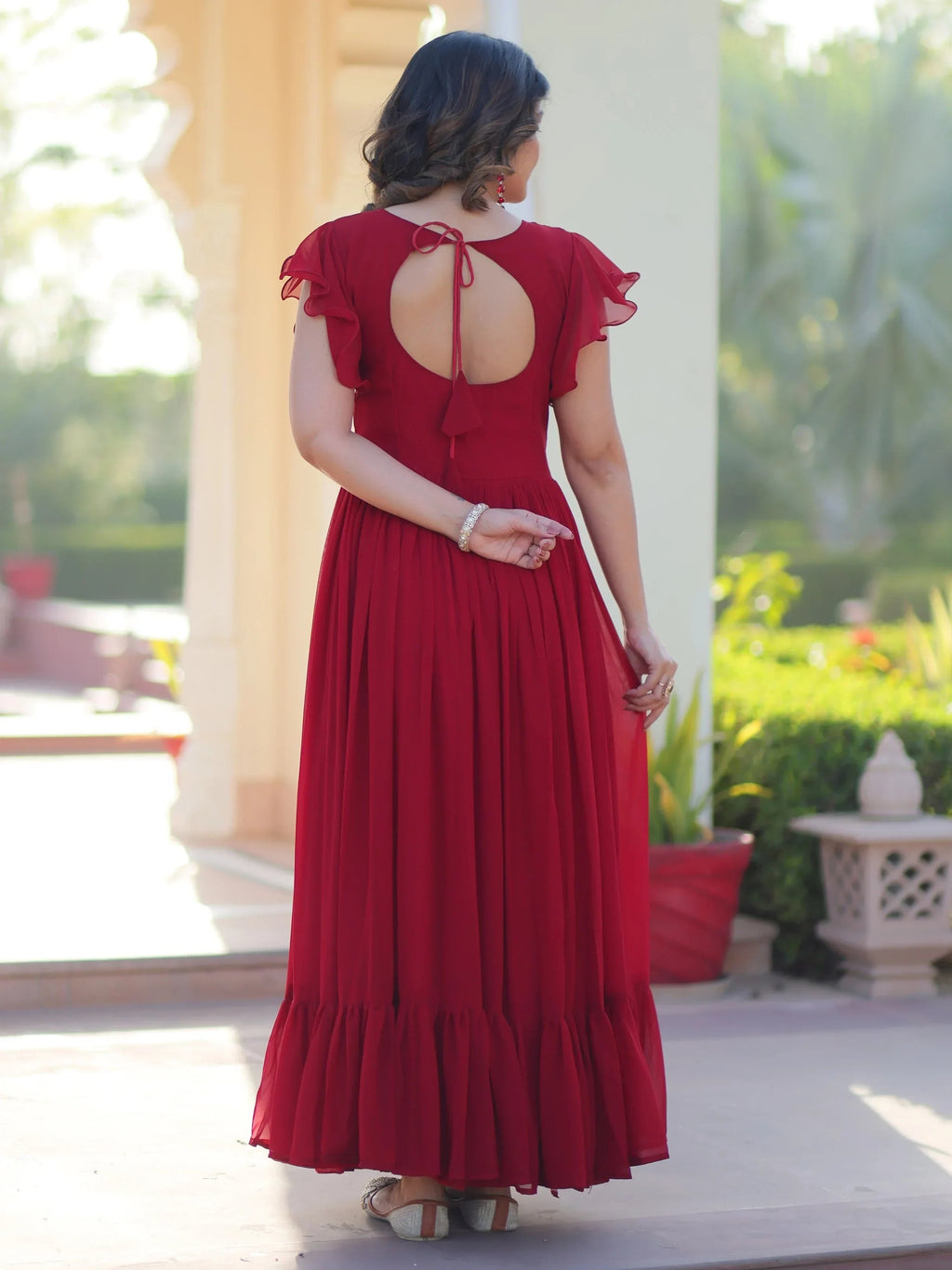 Red Dazzling Georgette Sequins Embroidered Festival Wear Gown