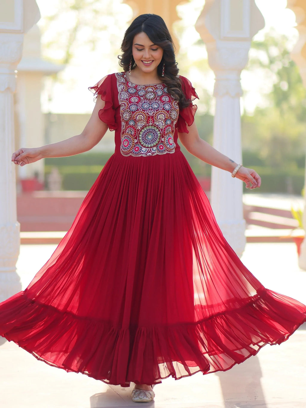 Red Dazzling Georgette Sequins Embroidered Festival Wear Gown