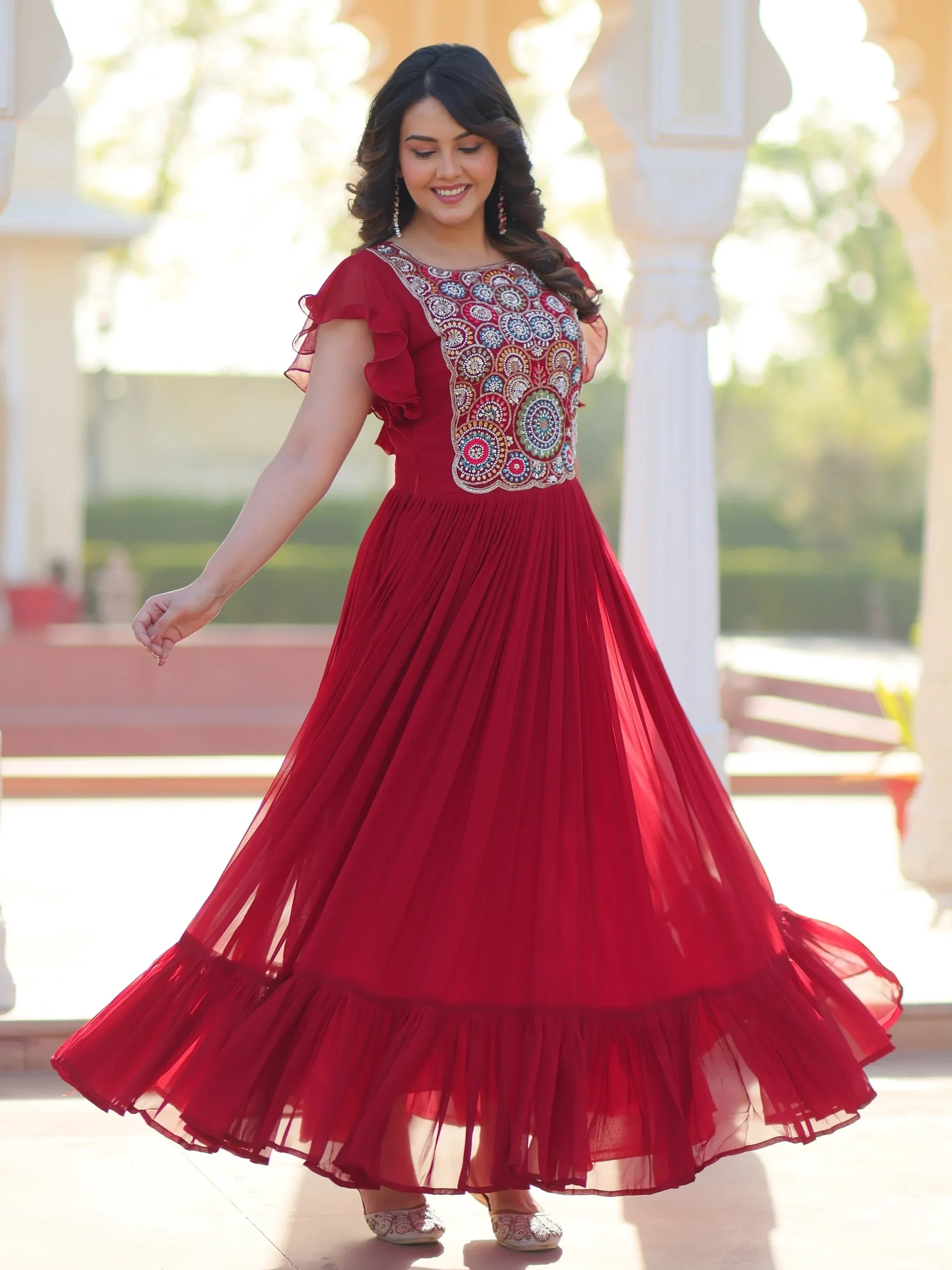 Red Dazzling Georgette Sequins Embroidered Festival Wear Gown