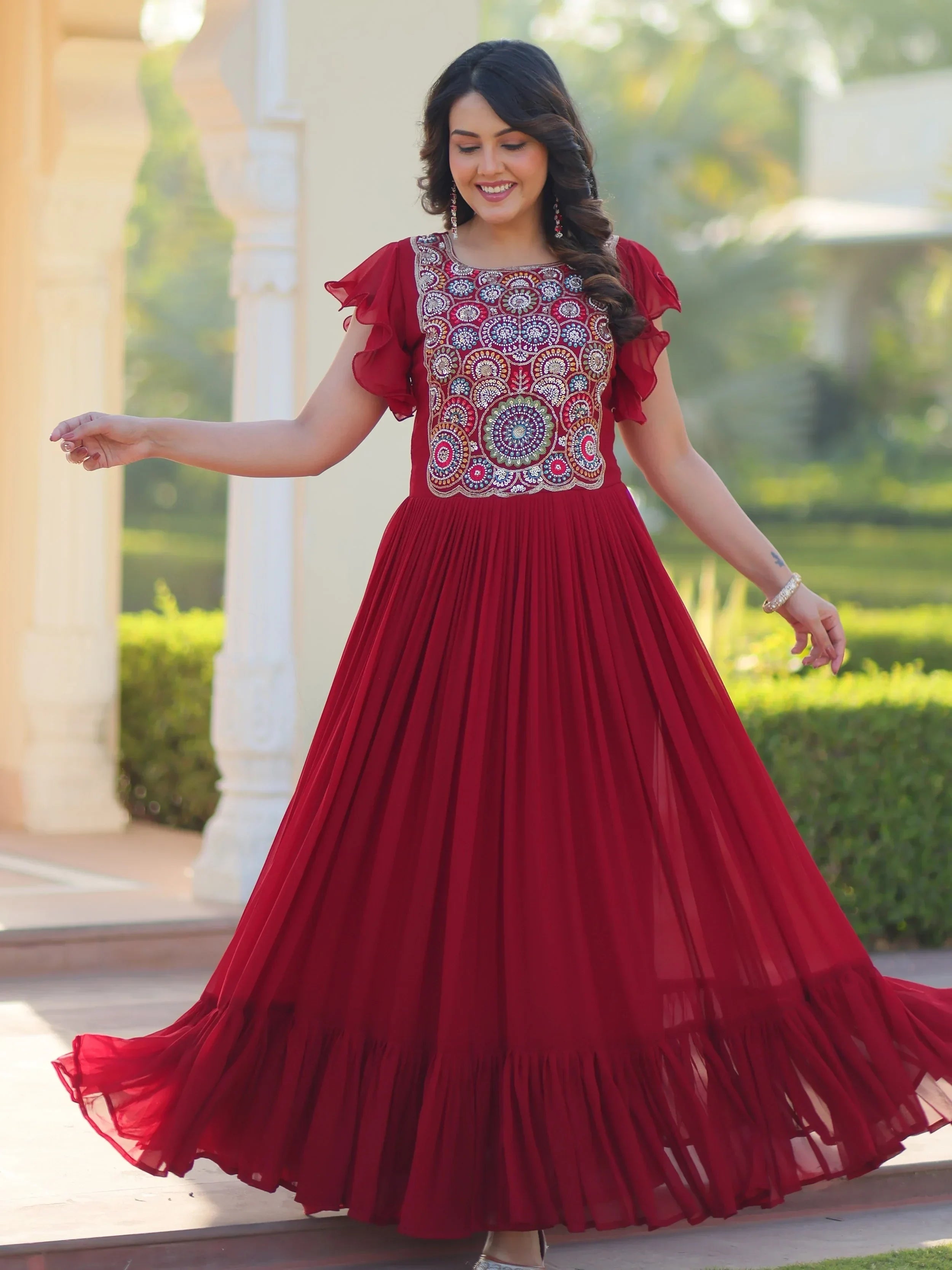 Red Dazzling Georgette Sequins Embroidered Festival Wear Gown