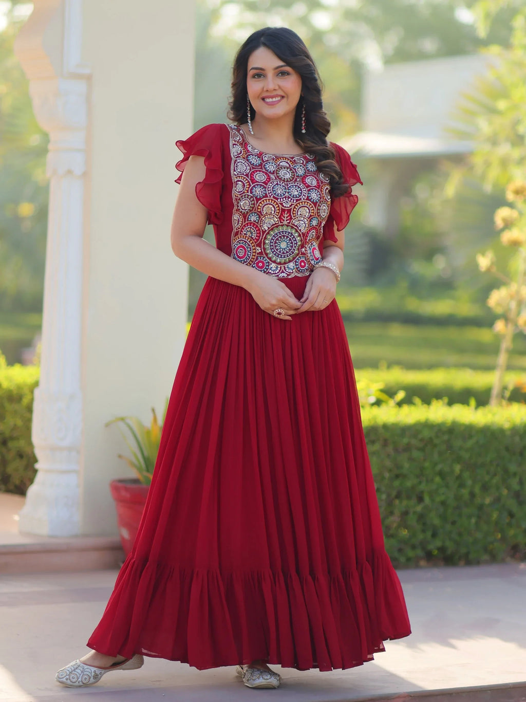 Red Dazzling Georgette Sequins Embroidered Festival Wear Gown