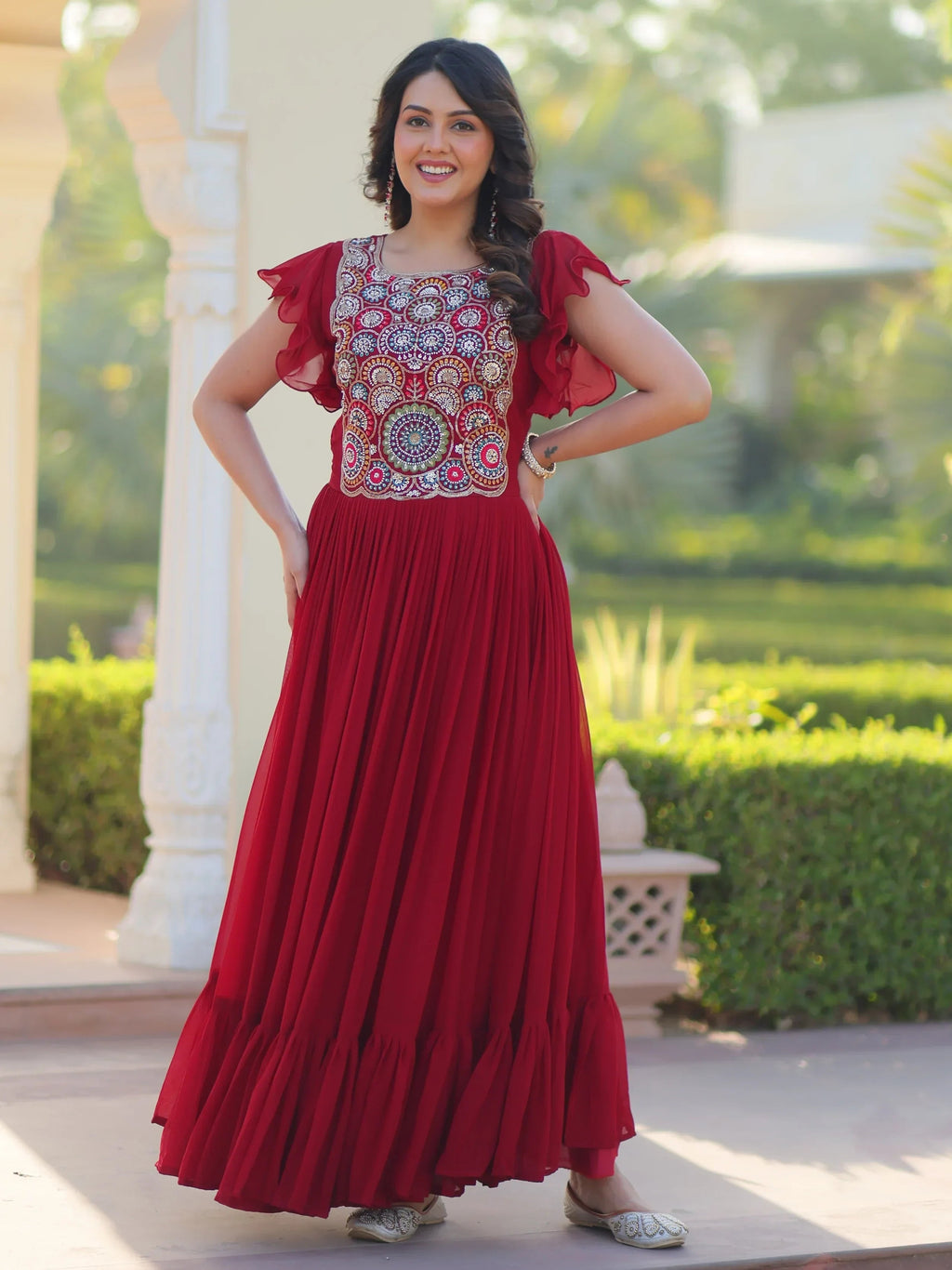Red Dazzling Georgette Sequins Embroidered Festival Wear Gown