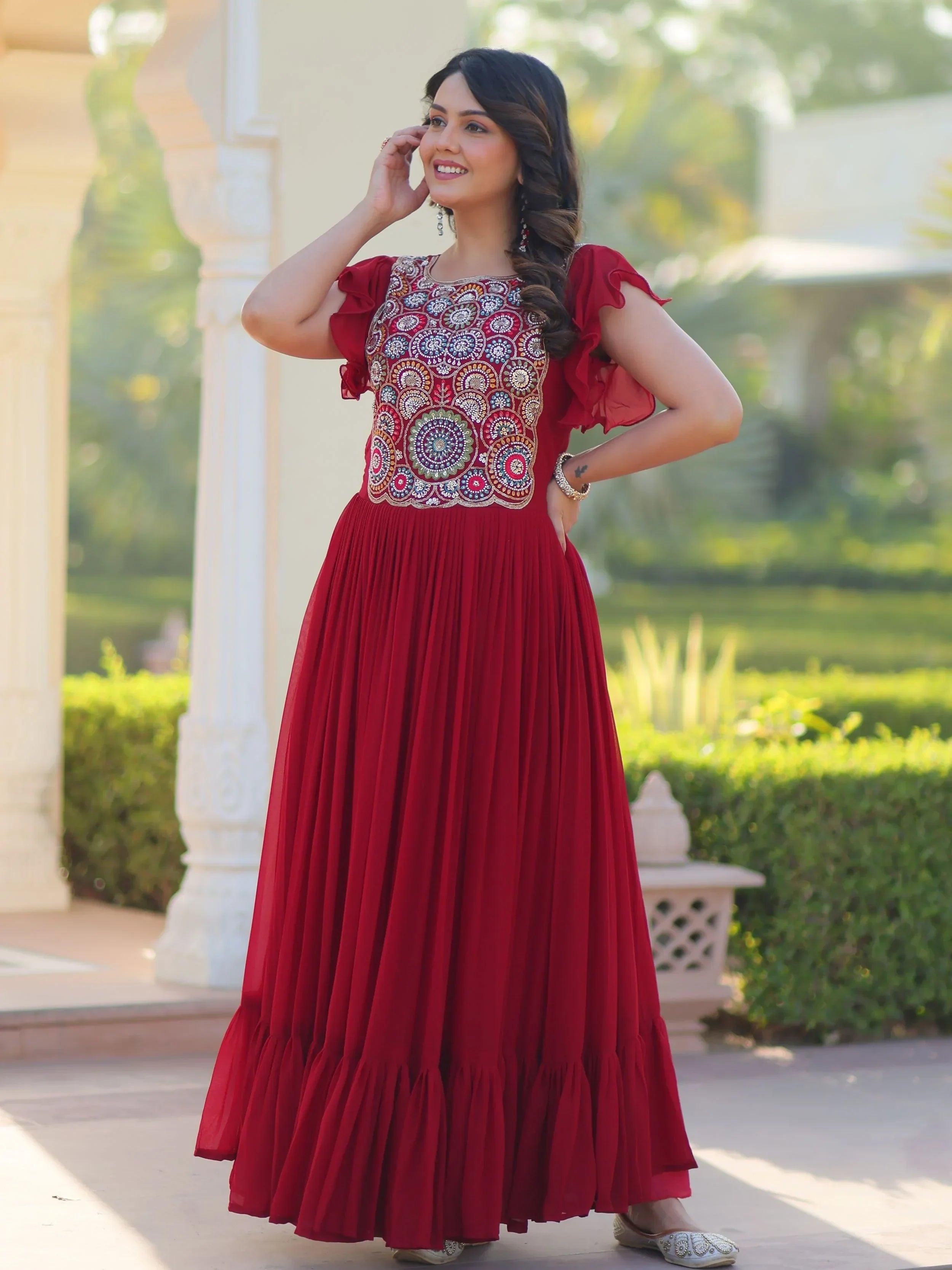 Red Dazzling Georgette Sequins Embroidered Festival Wear Gown