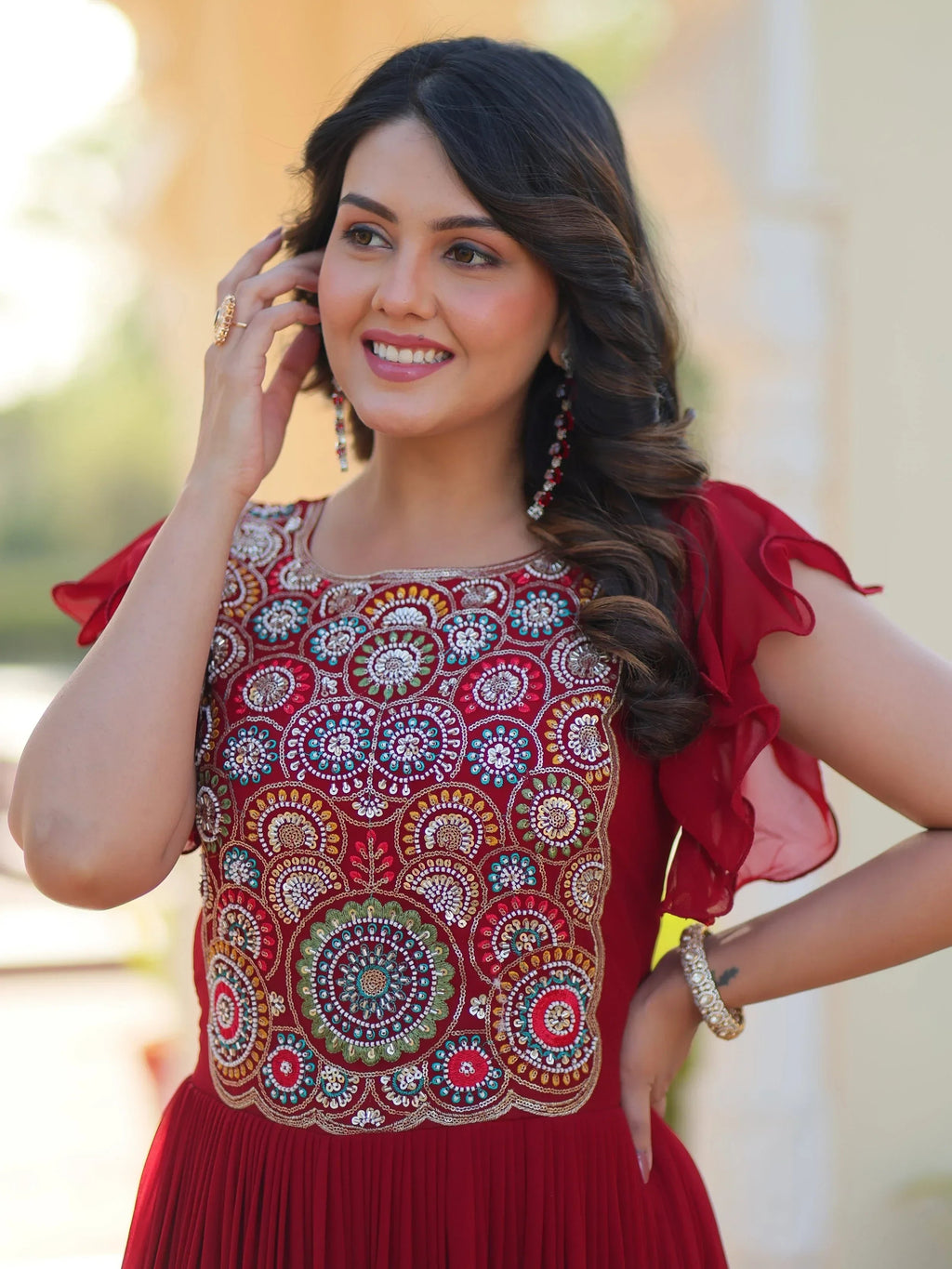 Red Dazzling Georgette Sequins Embroidered Festival Wear Gown