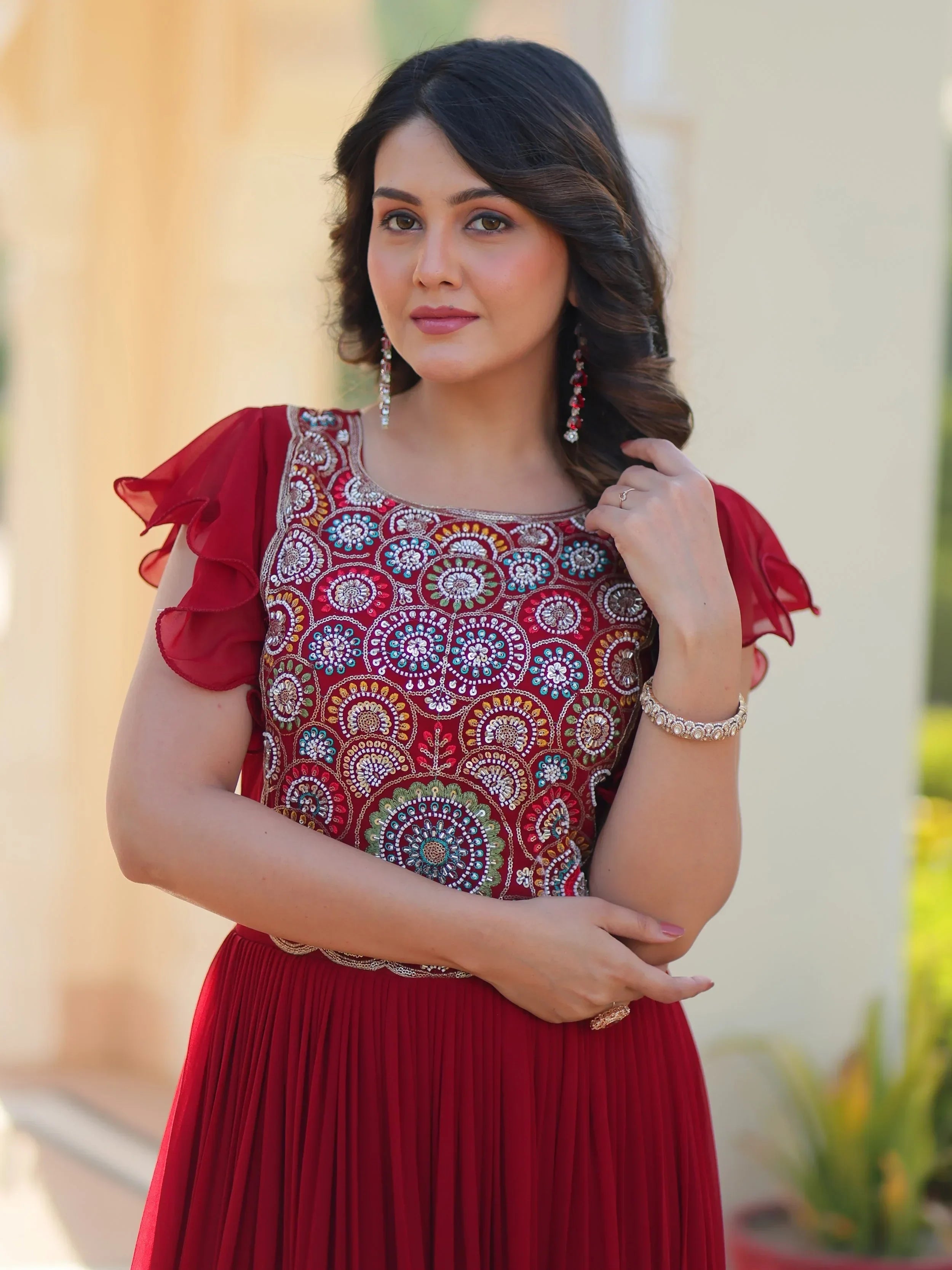 Red Dazzling Georgette Sequins Embroidered Festival Wear Gown