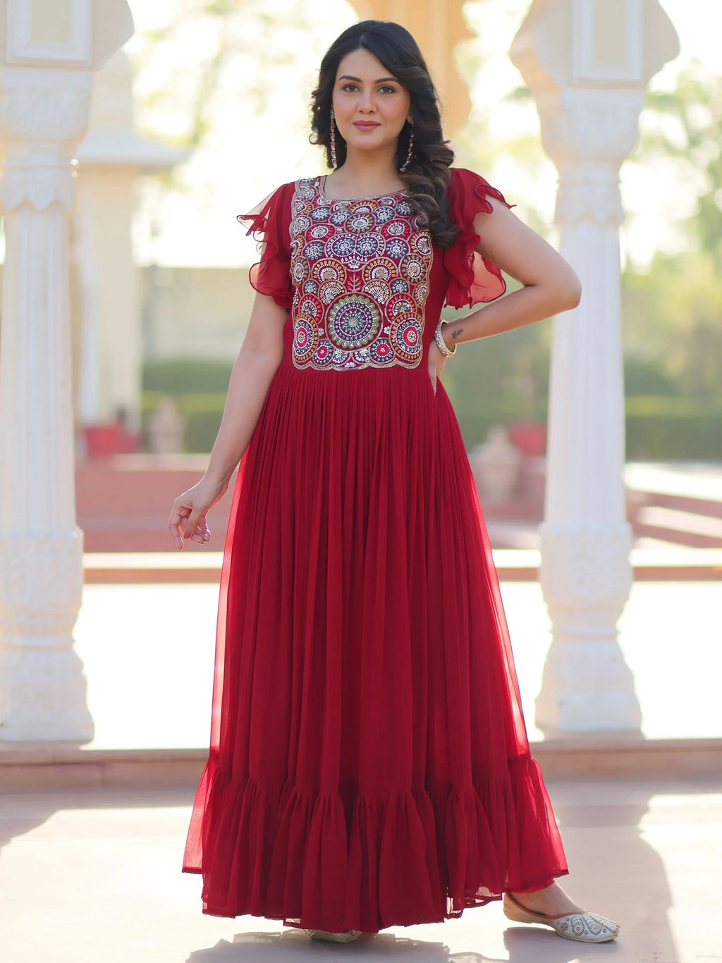 Red Dazzling Georgette Sequins Embroidered Festival Wear Gown