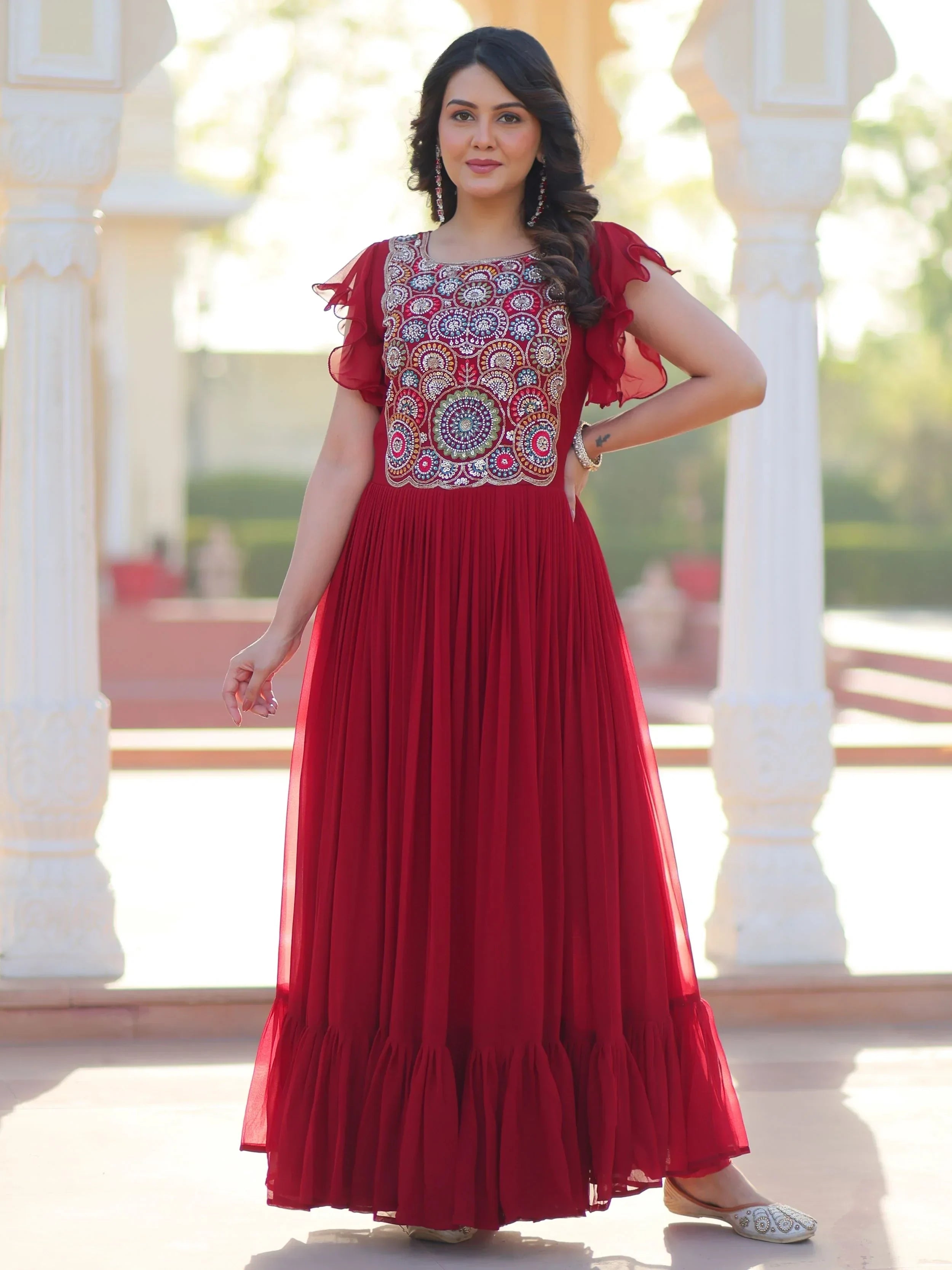 Red Dazzling Georgette Sequins Embroidered Festival Wear Gown