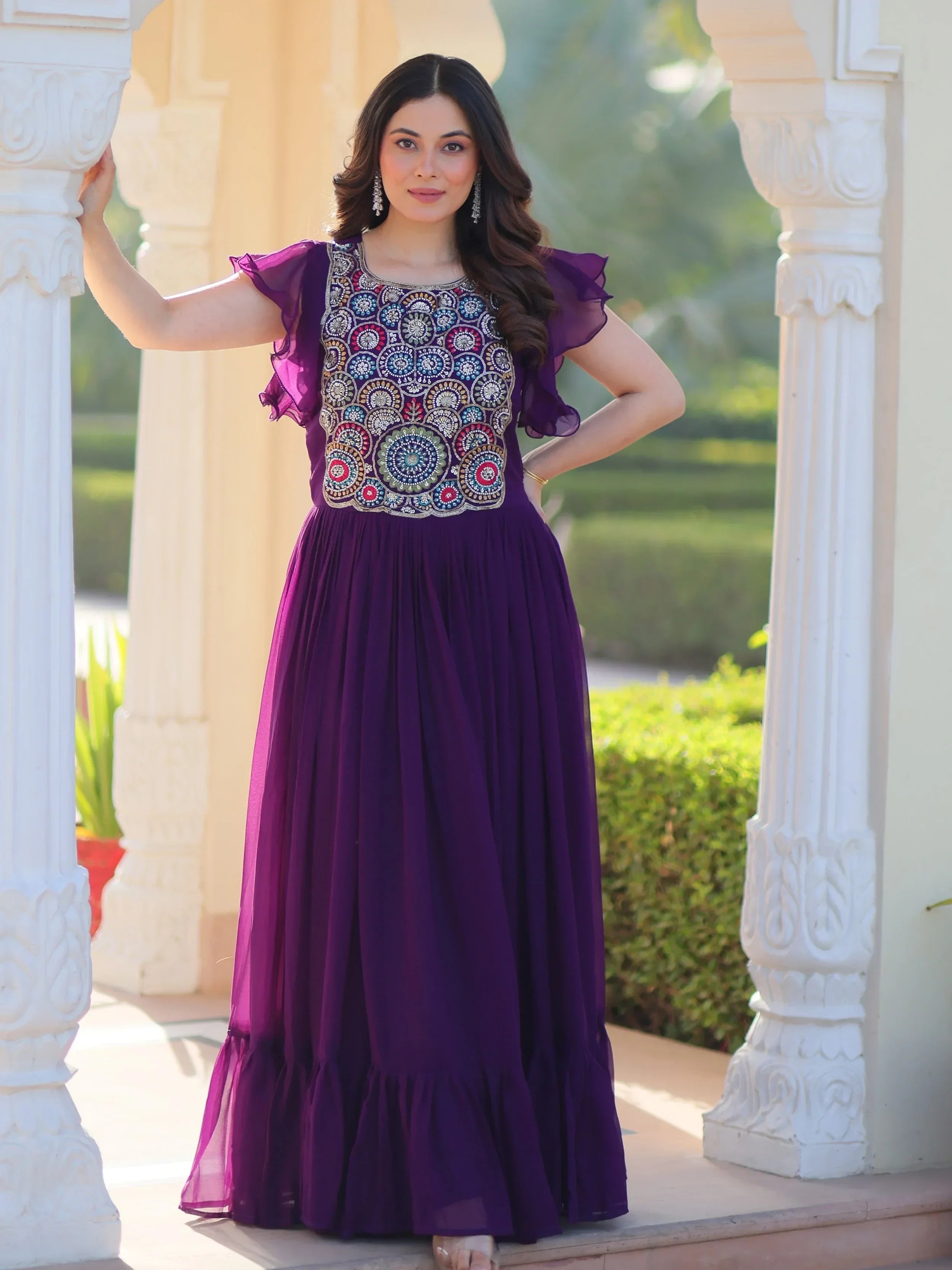 Purple Dazzling Georgette Sequins Embroidered Festival Wear Gown